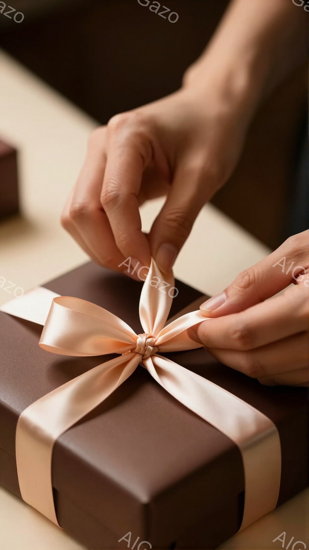 茶色のギフトボックスに薄いピンクのリボンを結ぶ女性の手が写っています。指先は丁寧にリボンの端を操作し、ラッピングの仕上げを行っている様子が伺えます。背景はぼかされており、温かみのある落ち着いた雰囲気を醸し出しています。