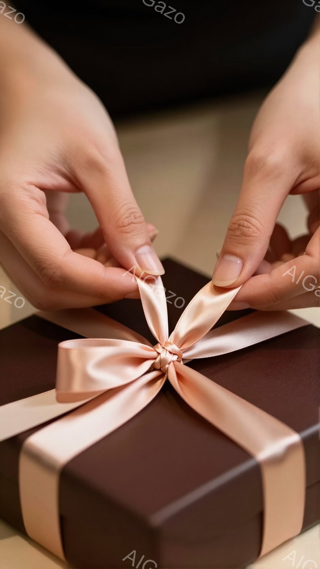 チョコレート色のギフトボックスに、薄いピンクのリボンが結ばれている様子が映っている。指先はリボンの結び目を整えようとしている。背景はぼかされており、贈り物に焦点を当てた、繊細で温かい雰囲気の画像である。