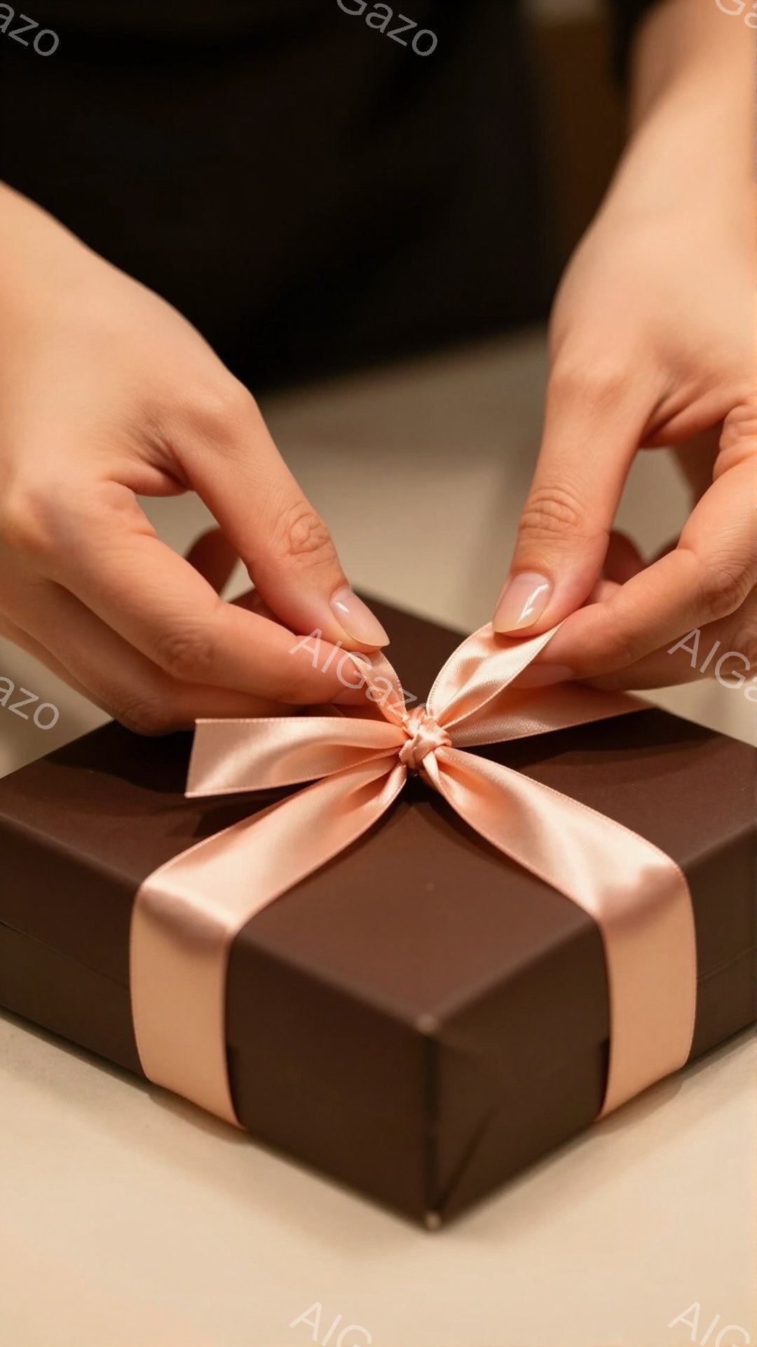チョコレート色の箱が、薄いピンクのリボンで丁寧にラッピングされています。指先はリボンの結び目を整えようとしており、ラッピング作業に集中している様子が伝わります。背景はぼかされており、箱と手が際立っており、贈り物への想いや温かさを感じさせる雰囲気が漂っています。
