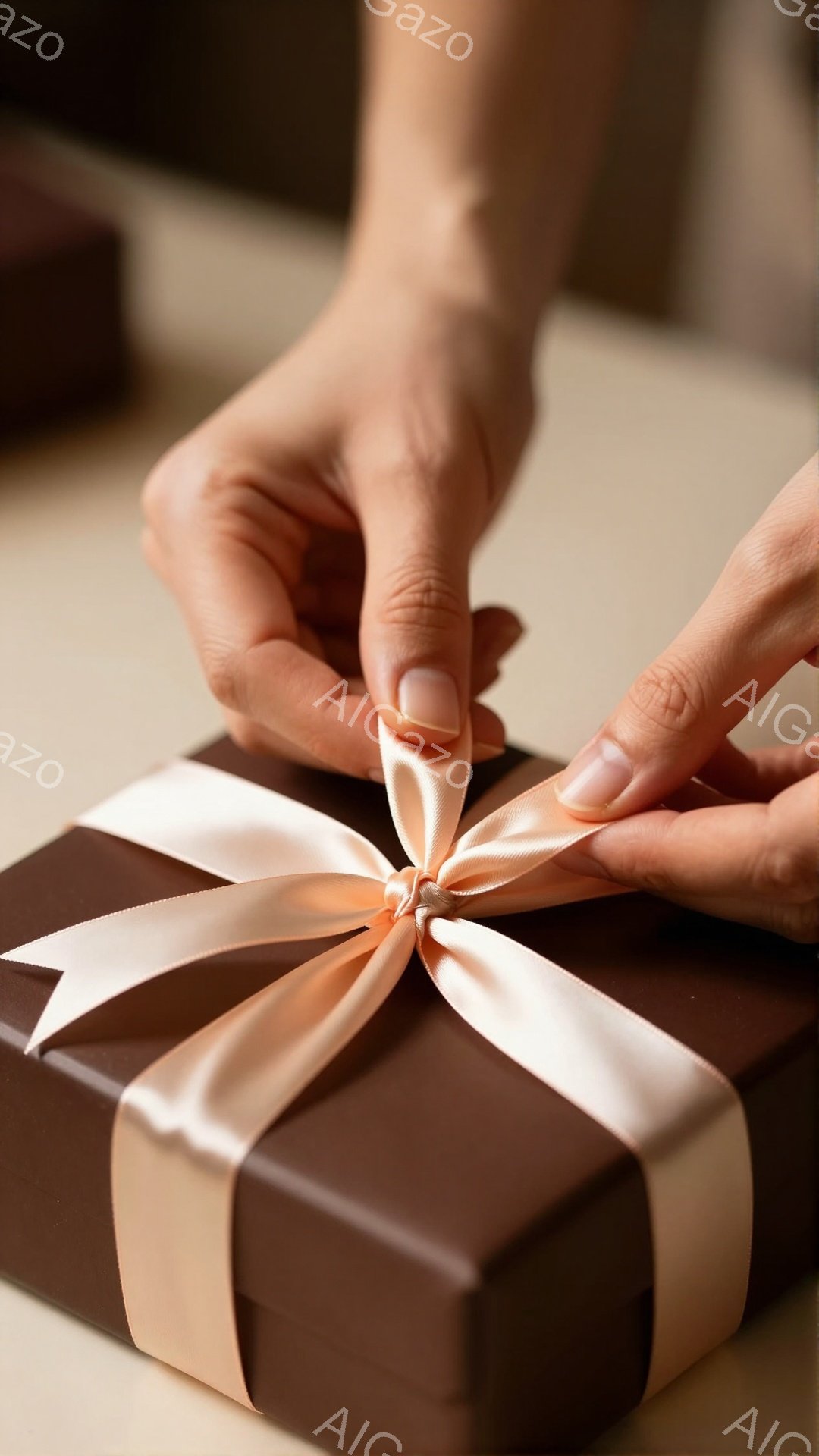 画像は、茶色のギフトボックスにクリーム色のリボンを結んでいる指先のクローズアップです。指は丁寧にリボンの端を広げ、美しく整えようとしています。背景はぼやけており、クリーム色の滑らかな表面が見え、全体的に温かく繊細な雰囲気を醸し出しています。