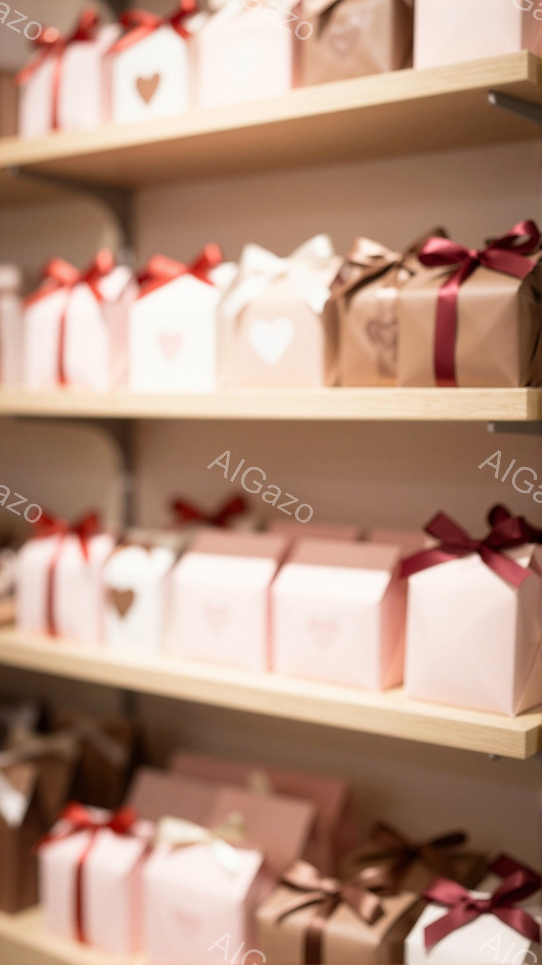 画像には、木製の棚に並んだギフトボックスが写っています。ボックスはピンクと茶色の紙で包まれ、それぞれに赤いリボンとハートの装飾が施されています。背景はぼやけており、ギフトボックスが主な焦点となっています。