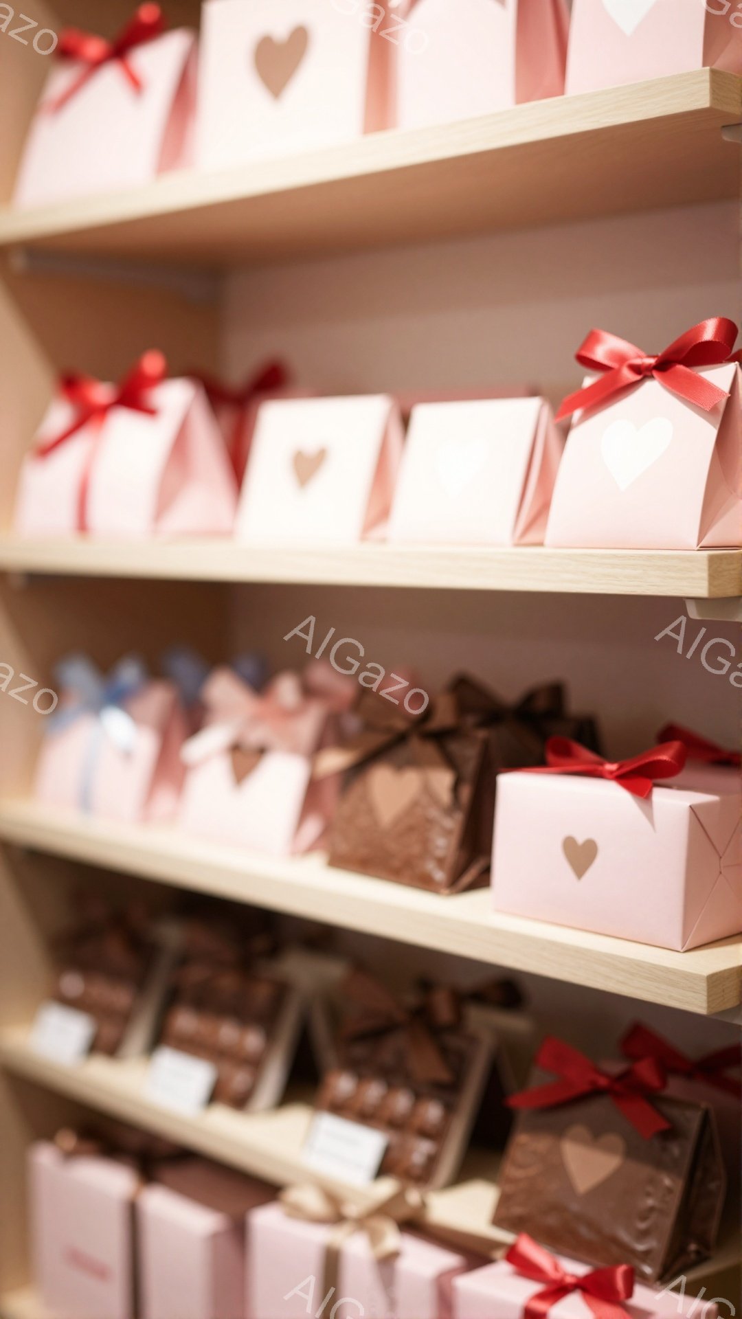 画像は、棚に並んだチョコレートのギフトボックスを写したものです。ピンクや茶色の箱に赤いリボンが結ばれ、それぞれにハート型の装飾が施されています。背景はぼやけており、ギフトショップやチョコレート専門店のような雰囲気が漂っています。