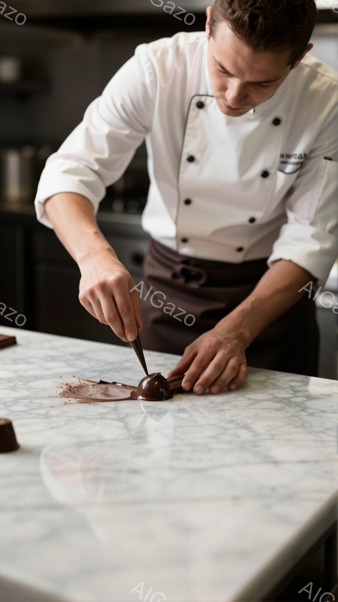 白いコックコートと茶色のエプロンを身につけた男性が、大理石のカウンターの上でチョコレートを細かくデコレーションしている様子が写っている。彼の髪は短く整えられ、集中した表情でチョコレートに視線を落として - AI生成フリー素材