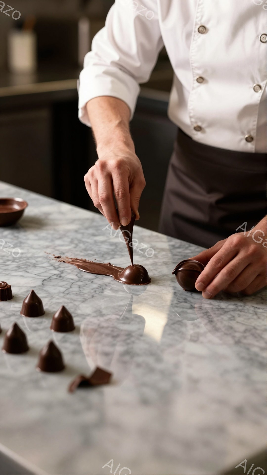 大理石のカウンターの上で、チョコレート細工師が溶けたチョコレートを球状のチョコレート型に流し込んでいます。彼は白の長袖シャツと黒いエプロンを着ており、手元に集中した様子です。背景には、同様に作られたチョコレートの半球と、いくつかの完成したチョコレートが点在し、洗練された雰囲気のスイーツ製造の様子がうかがえます。