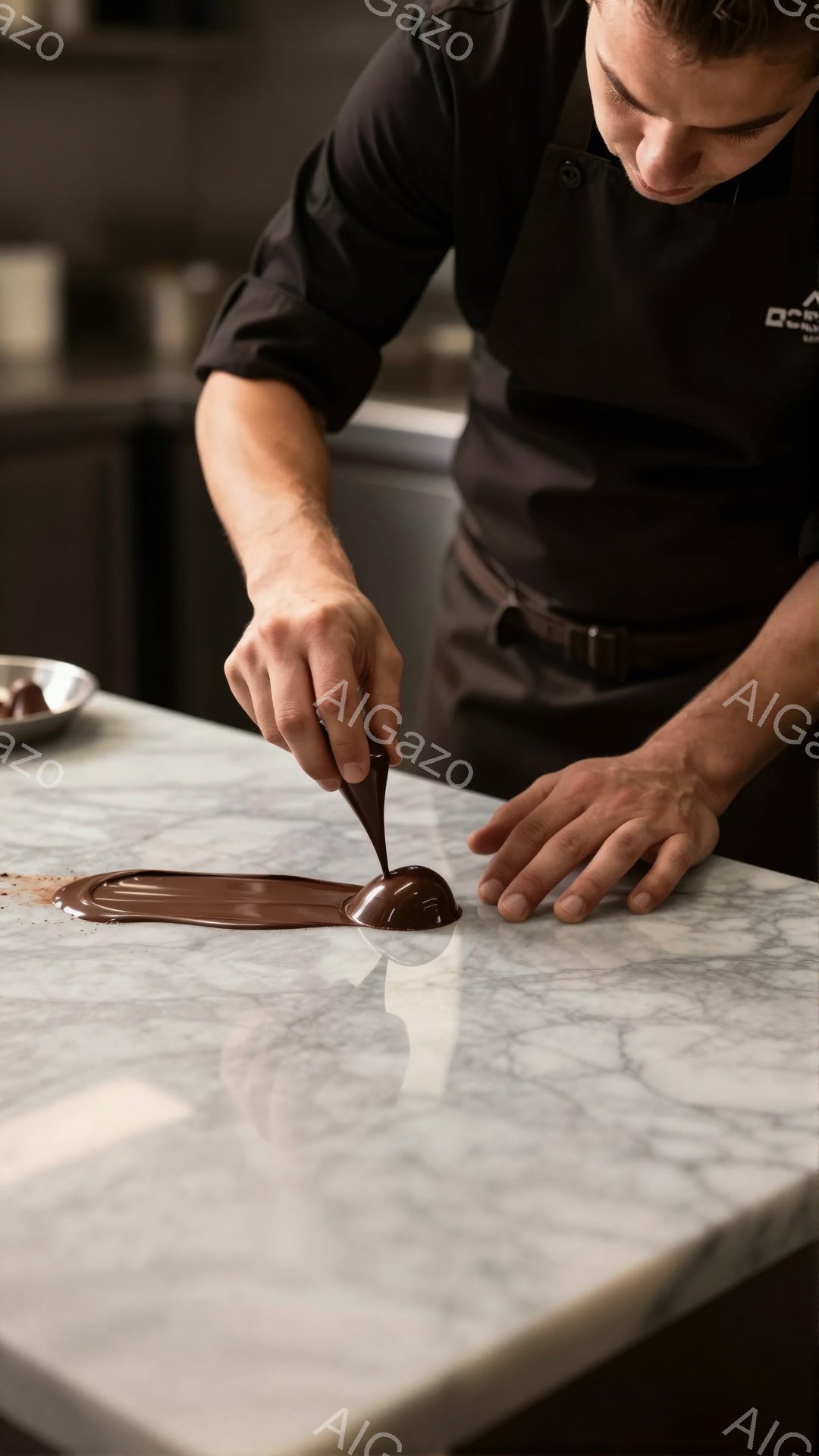 チョコレートを大理石のカウンターに塗り広げる男性の姿が写っています。彼は黒いエプロンと長袖のシャツを着ており、集中した表情で慎重に作業を進めています。背景はぼやけていますが、キッチンまたは菓子工房のよ - AI生成フリー素材