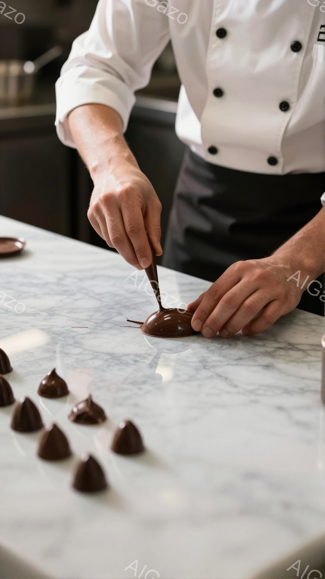 白い背景に大理石のカウンターがあり、チョコレートを溶かして手作業でチョコレート菓子を作っている様子が写っている。シェフは白いコックコートと黒いズボンを着用し、チョコレートを慎重に型に流し込んでいる。周りにはすでに完成したチョコレートが並べられており、繊細で丁寧な作業の雰囲気が伝わってくる。