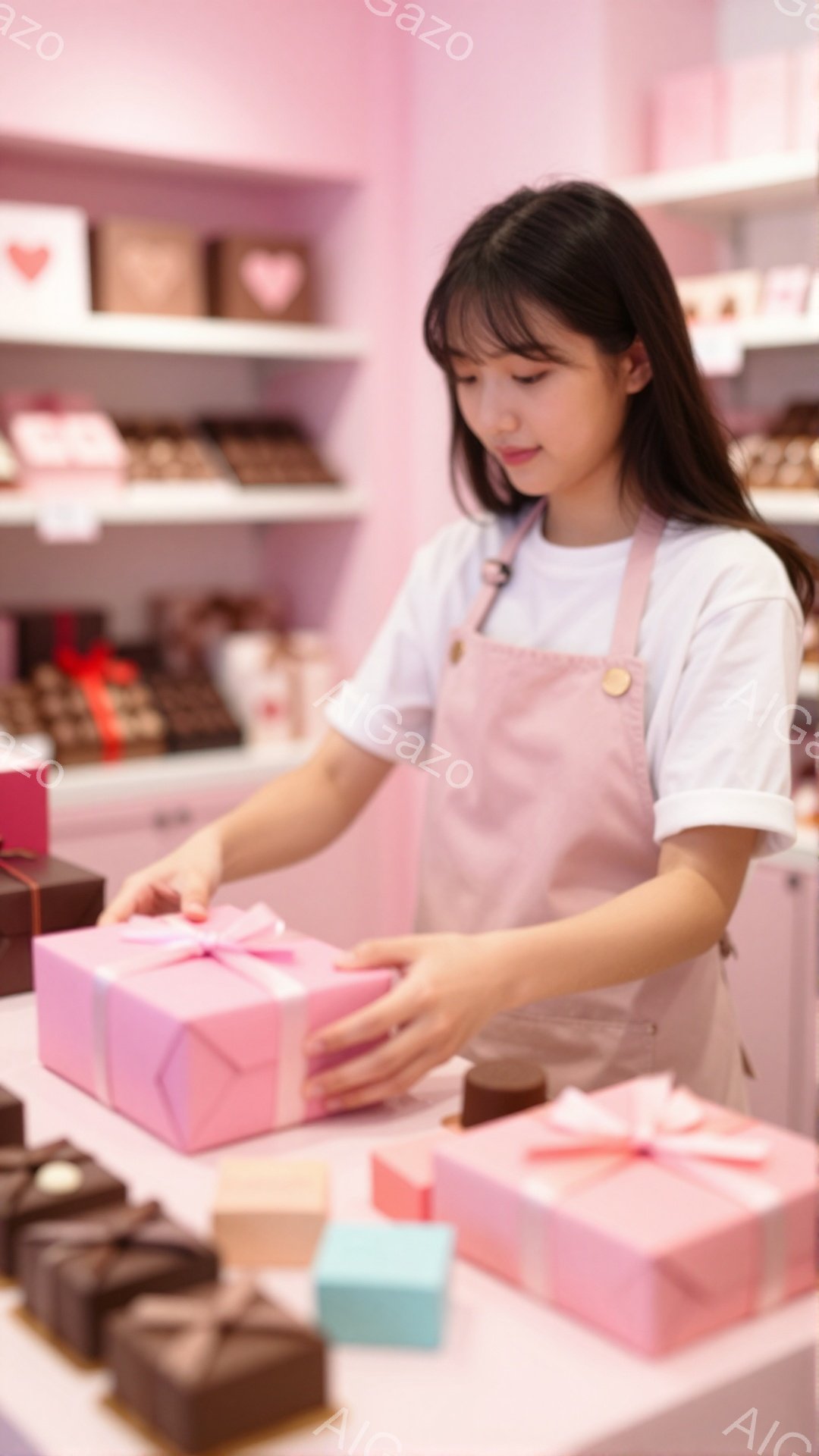 若い女性がピンク色のギフトボックスを梱包しています。彼女は白いTシャツと薄いピンクのエプロンを着ており、長くダークブラウンの髪は肩にかかっています。背景にはチョコレートが並んだ棚があり、店内は明るく、 - AI生成フリー素材