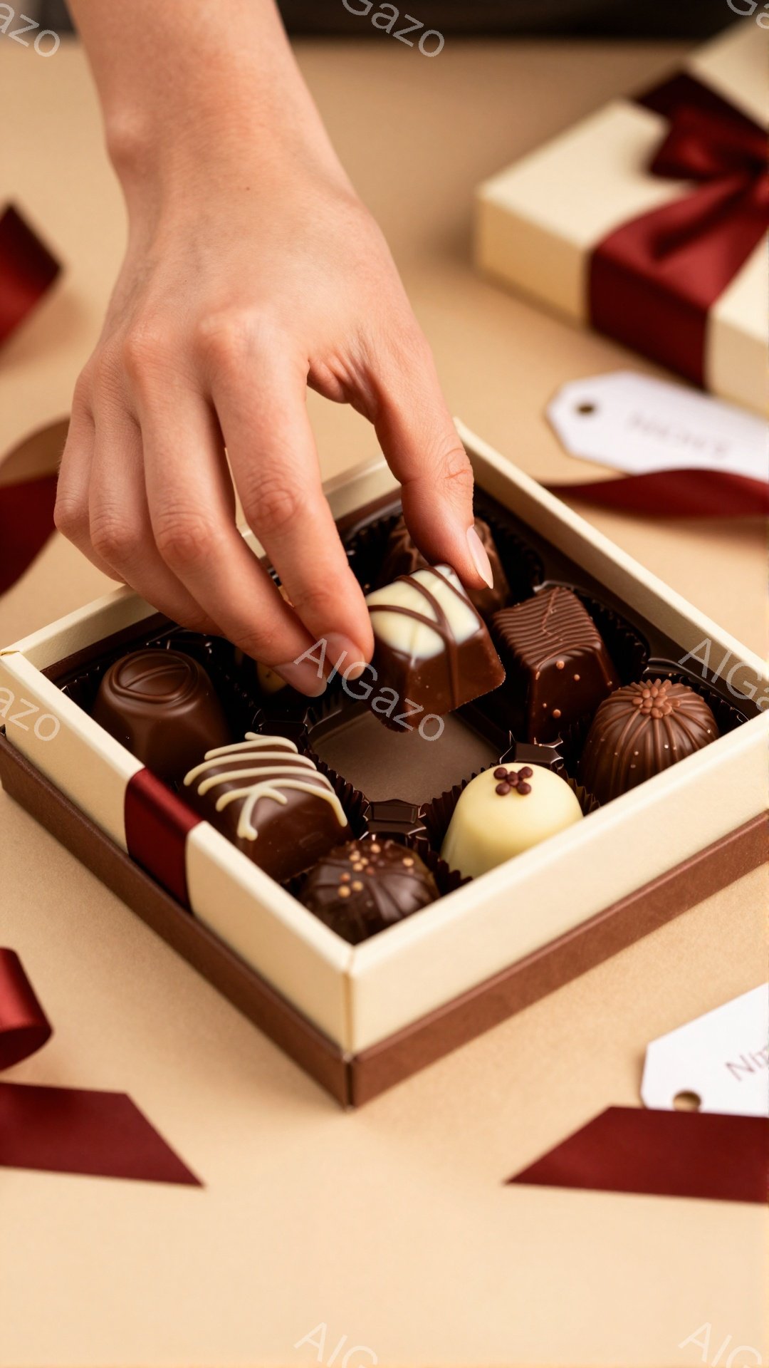 チョコレートが並んだ箱から、女性の手が一つを選ぼうとしている様子が写っています。チョコレートは様々な形とデコレーションがあり、箱は明るい茶色の背景に置かれています。全体的に、上品で甘い雰囲気が漂っており、特別な機会やギフトを連想させます。