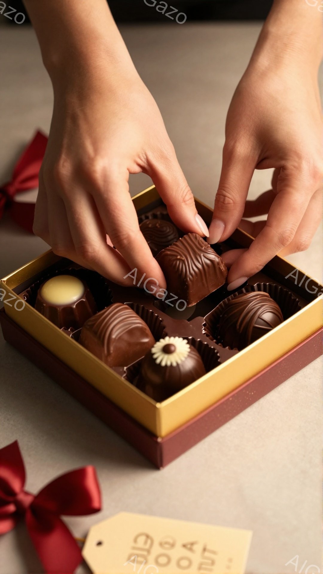 チョコレートが並んだ赤い箱に手が伸びています。チョコレートは様々な色と形をしており、繊細な装飾が施されています。背景はぼかされており、贈り物や特別な機会を想起させる上品な雰囲気です。