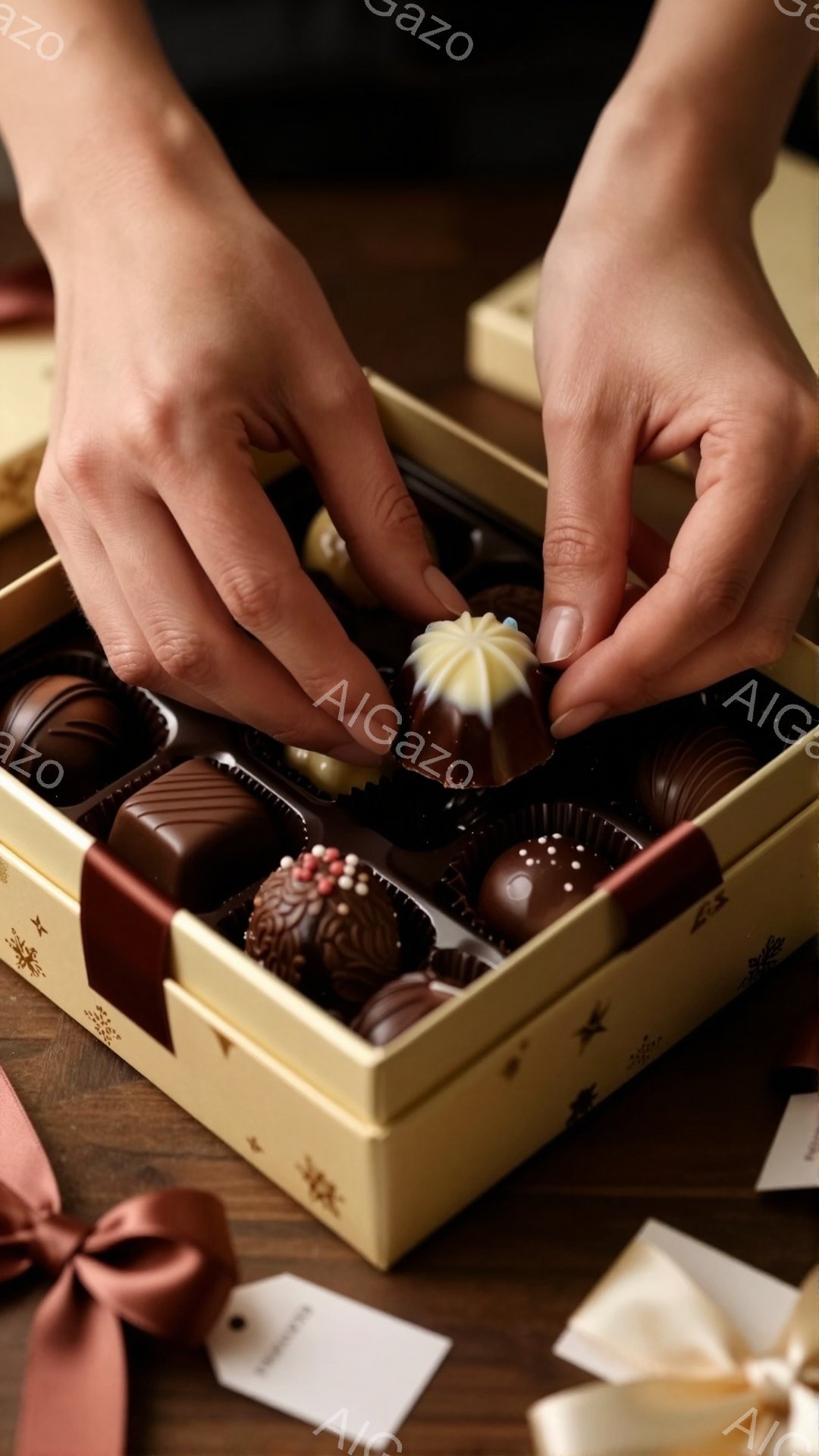 チョコレートが並んだベージュ色の箱を女性の手が持っています。チョコレートは様々なデザインと色合いで、丁寧に箱の中に並べられています。背景には、薄茶色の木製テーブルと、リボンやタグがぼんやりと見え、落ち着いた温かい雰囲気を醸し出しています。