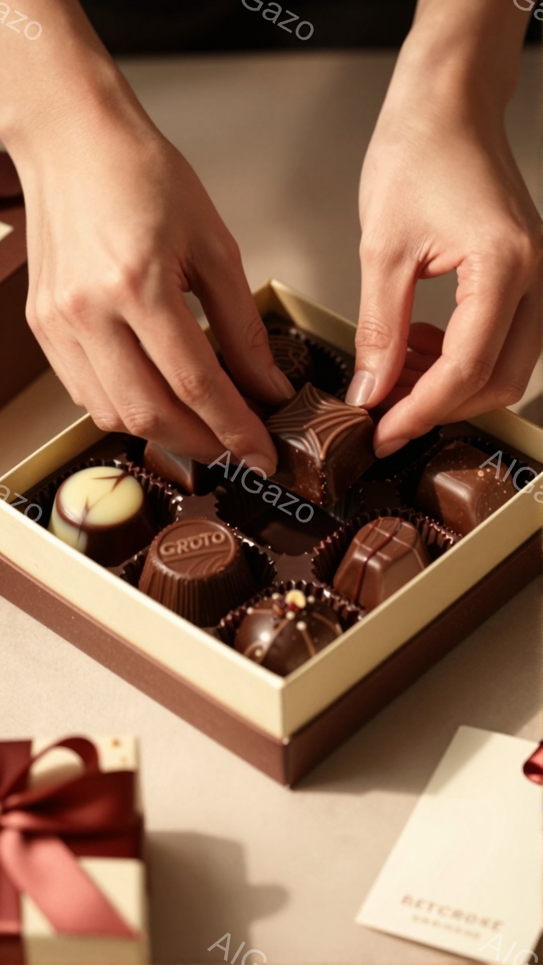 チョコレートが並んだ箱から、女性がひとつチョコレートを取ろうとしている様子が写っています。箱は明るいベージュ色で、様々な形のチョコレートが綺麗に並べられています。背景には、ラッピングされたギフトボックスと、ブランド名が書かれたカードが見え、高級感のある雰囲気が漂っています。