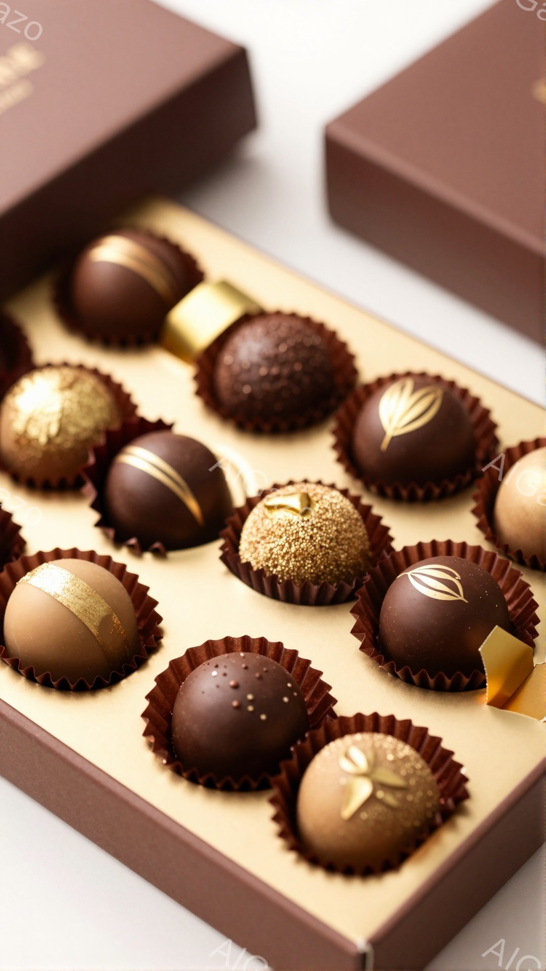 チョコレートが茶色の箱の中に整然と並べられています。それぞれのチョコレートは、異なる装飾が施され、一部には金箔が使われています。背景は白く、全体的に上品で洗練された雰囲気を醸し出しています。