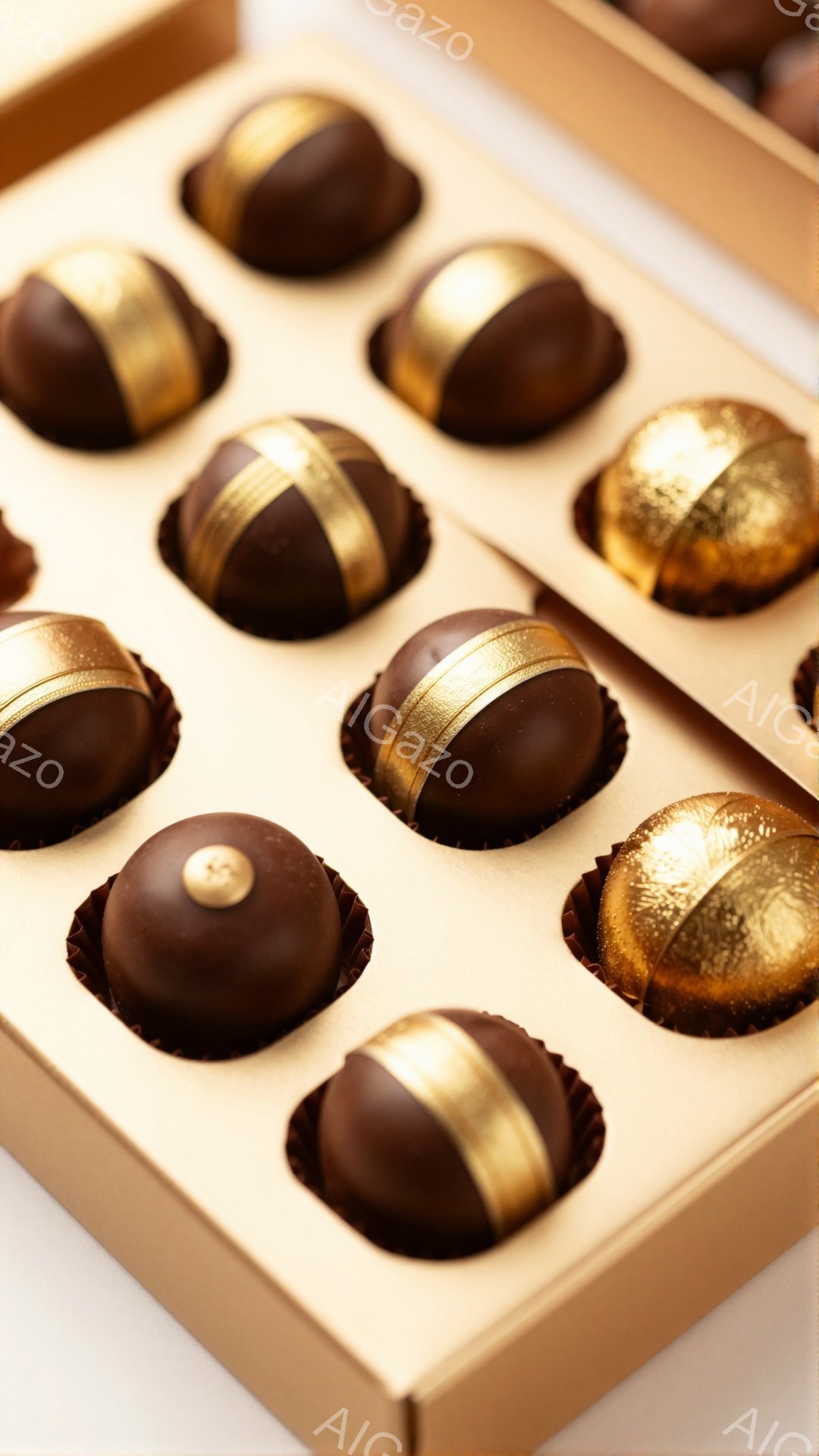 チョコレートが整然と並んだギフトボックスが写っている。深みのある茶色のチョコレートと金色の装飾が施されたものが混ざり合い、上品で贅沢な印象を与える。背景はぼやけており、チョコレートの美しさが際立っている。