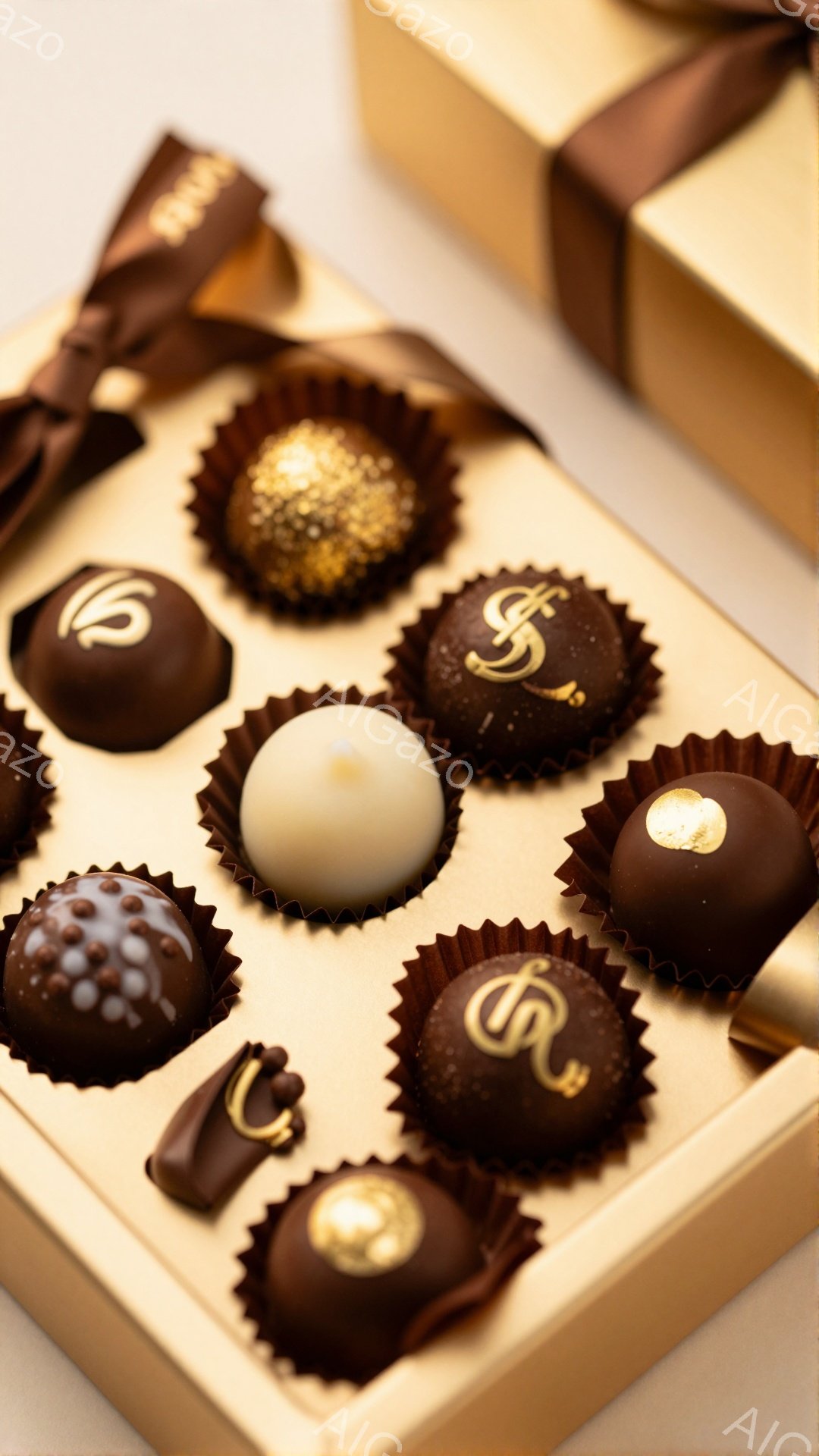 チョコレートが、ベージュ色の箱の中に美しく並べられています。それぞれのチョコレートには、金色の装飾が施され、さまざまなデザインが楽しめます。暖色系の背景と組み合わせることで、高級感と上品さを引き立てています。