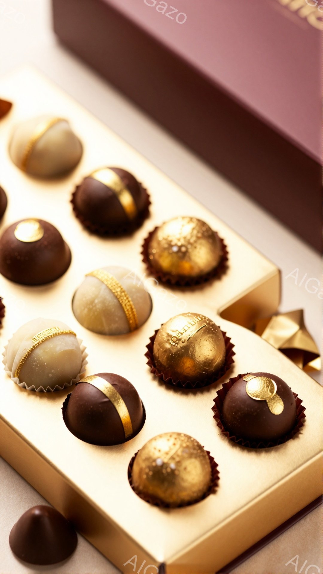 チョコレートの詰め合わせが、金色の箱の中に整然と並べられています。チョコレートは様々な色合いを持ち、金色の装飾が施されており、高級感と美味しさを引き立てています。背景は箱の一部が見えるのみで、チョコレートそのものが主役となる構図です。
