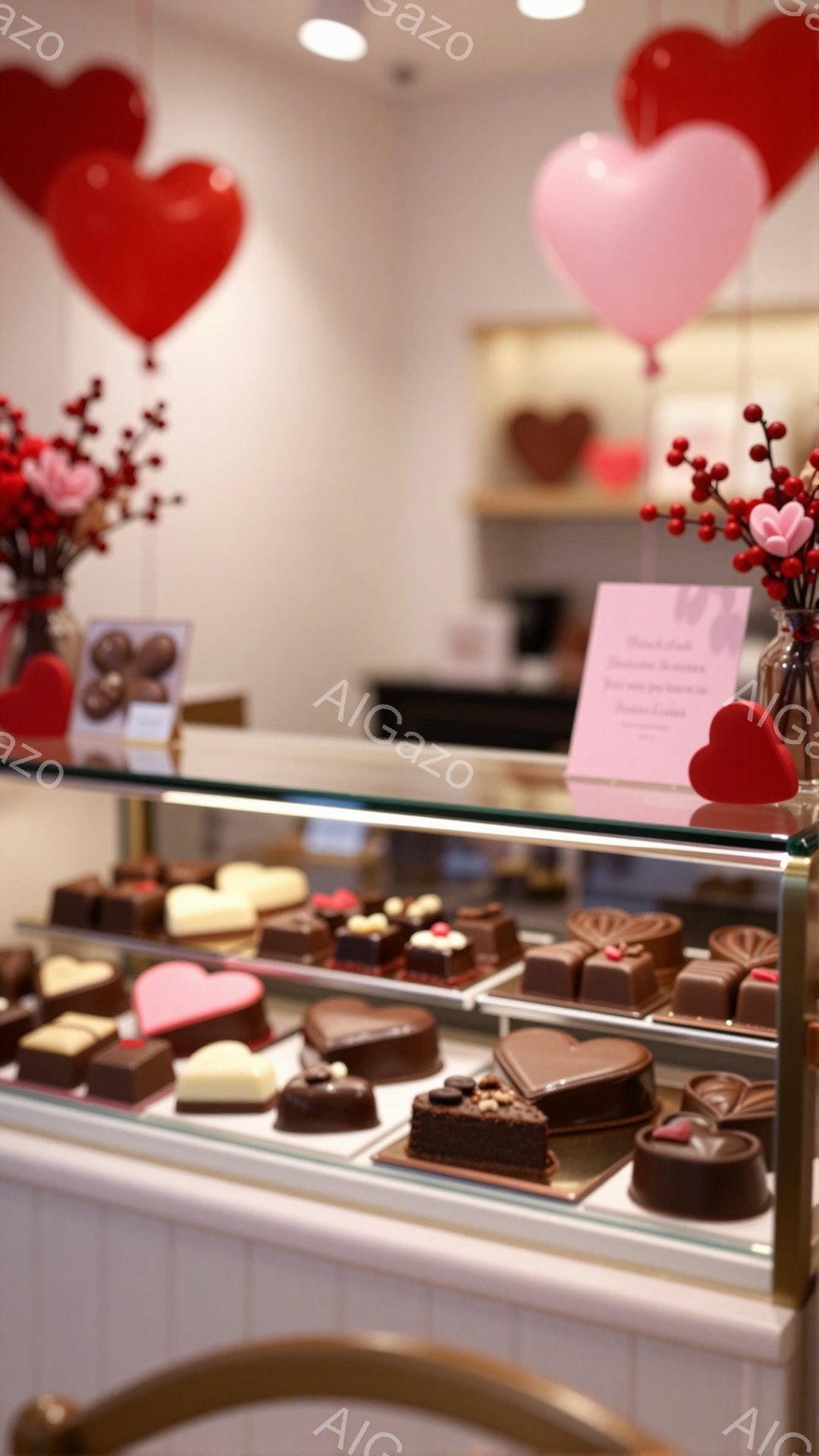 ショーケースには様々なチョコレートが並べられており、ハート型や四角形など形も様々で、美味しそうな光沢があります。背景にはピンクと赤のハート型の風船が飾られ、バレンタインデーを意識した華やかな雰囲気を醸し出しています。ショーケースの横には赤い実のついた枝が飾られ、より一層ロマンチックな空間を演出しています。