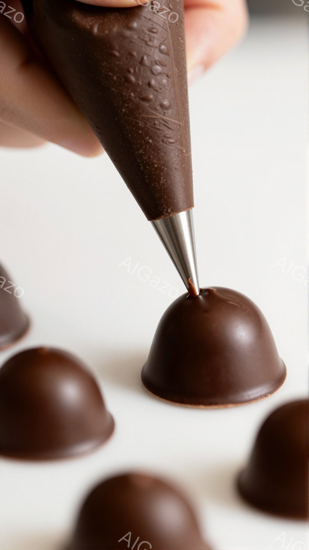 チョコレートでコーティングされた丸いお菓子が白い背景に並べられています。手は絞り袋を持ち、もう一つのチョコレート菓子にチョコレートを垂らしている最中です。 チョコレートの光沢が美しく、甘くて贅沢な雰囲 - AI生成フリー素材