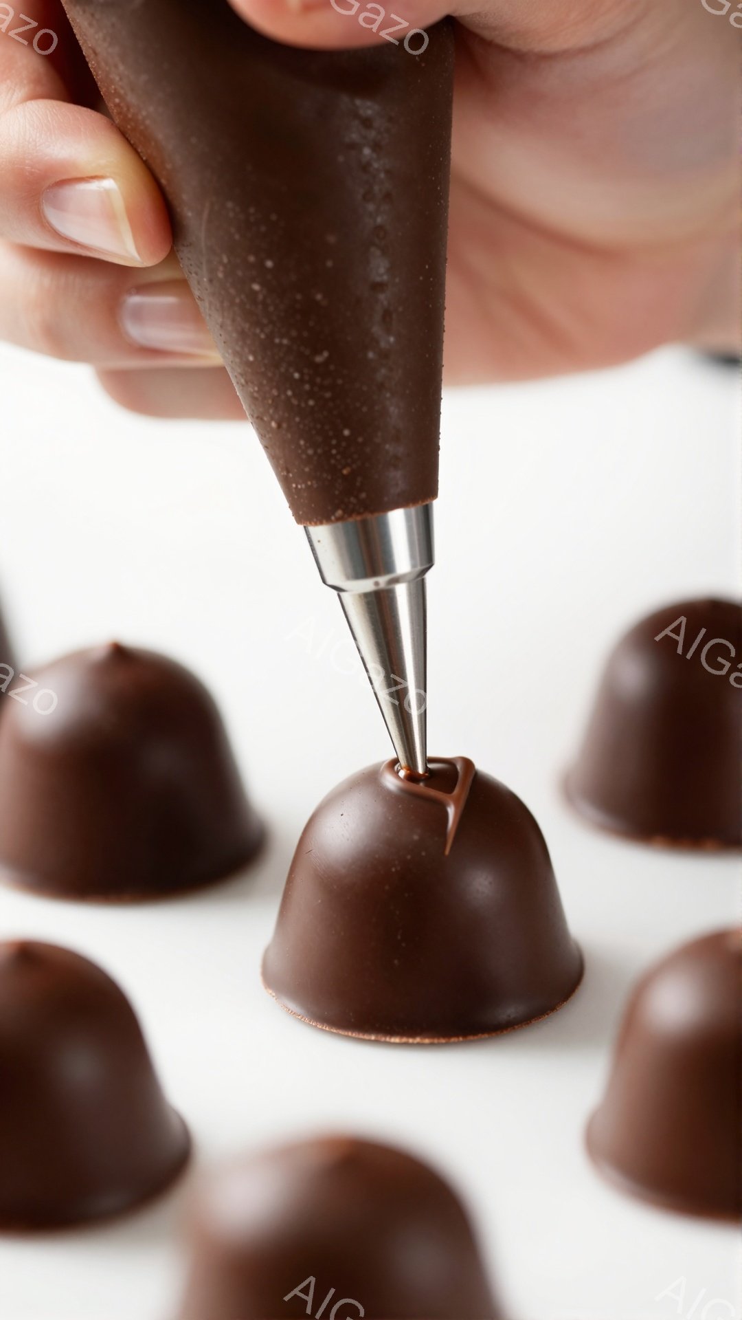 チョコレートでコーティングされた丸いお菓子が白い背景に並べられており、片手に持った絞り袋からチョコレートソースが一つのお菓子に注がれている様子が捉えられています。チョコレートの光沢が美しく、手元には丁 - AI生成フリー素材