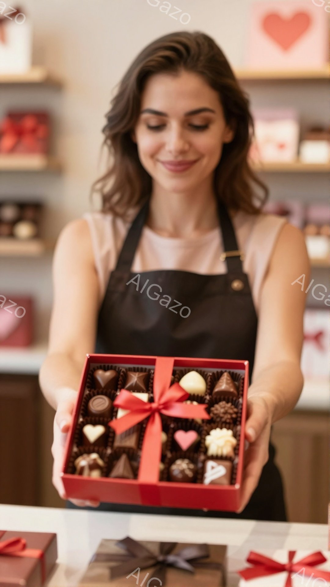 明るい茶色の髪をゆるく巻いた女性が、赤いリボンで飾られたチョコレートの箱を正面に向けて両手で差し出しています。彼女は黒いエプロンを身につけ、穏やかな笑顔を浮かべており、背景には他のチョコレートの箱が並 - AI生成フリー素材