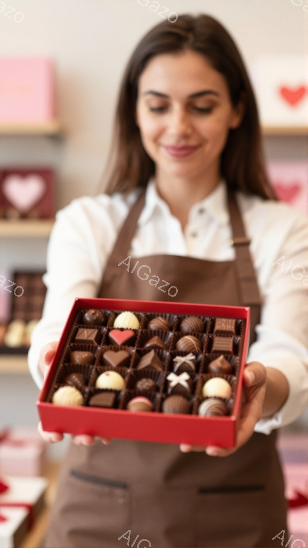 女性は赤い箱に入った様々なチョコレートを両手で差し出しています。彼女は茶色のエプロンを着て、白いシャツを着ており、笑顔で優しげな表情をしています。背景には、他のチョコレートの箱がぼやけて見え、チョコレ - AI生成フリー素材