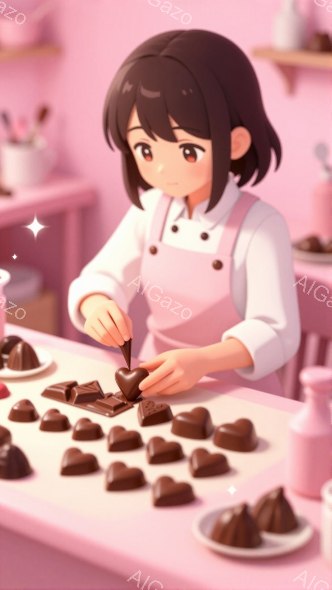 明るい茶髪の女性が、白いエプロンと長袖シャツを着て、チョコレートの装飾に取り組んでいます。彼女はチョコレートを小さな袋で絞り出し、愛情を込めてハート型のチョコレートを飾り付けています。背景には、さまざまなチョコレートのお菓子が並び、暖かい、心地よい雰囲気が漂っています。