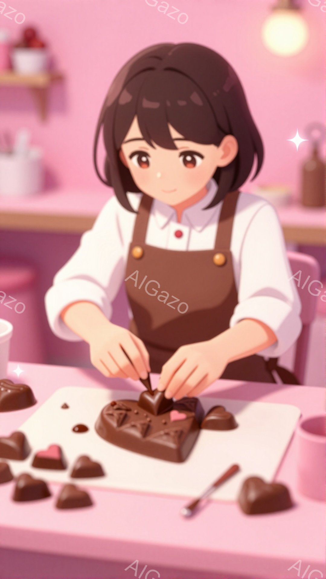 茶髪の短いヘアスタイルの女性が、茶色のエプロンをつけてチョコレートを作っています。彼女は白いシャツを着ており、集中した表情でチョコレートケーキをナイフでカットしています。背景には、クリーム色の棚とぼんやりとした光が見え、温かく優しい雰囲気を醸し出しています。