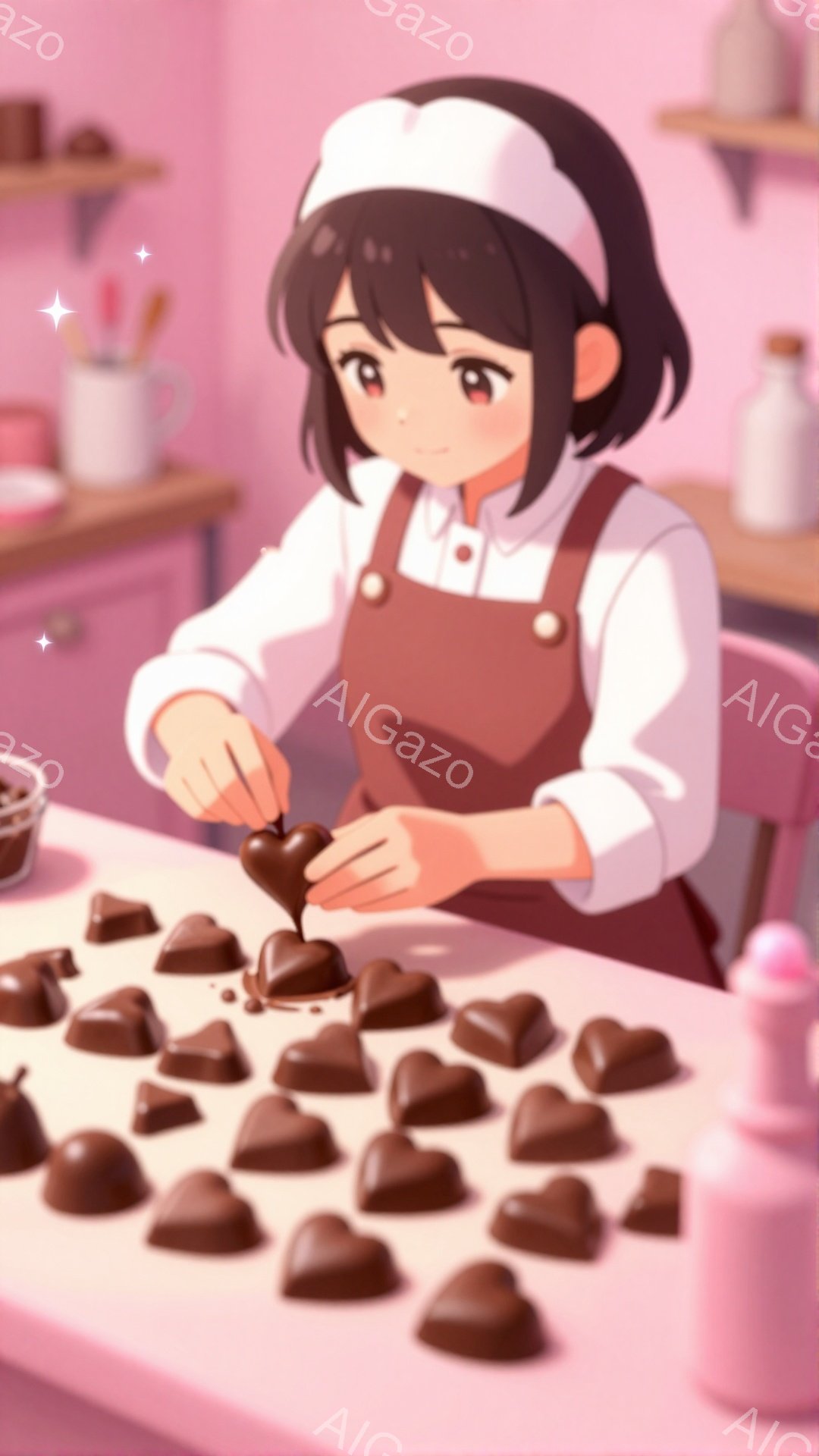 茶髪のショートヘアに白いヘッドバンドをつけた女性が、茶色のエプロンを身につけてチョコレートを整えています。彼女はテーブルの上に並んだハート型のチョコレートに集中した表情で、丁寧にチョコレートを手に取り - AI生成フリー素材