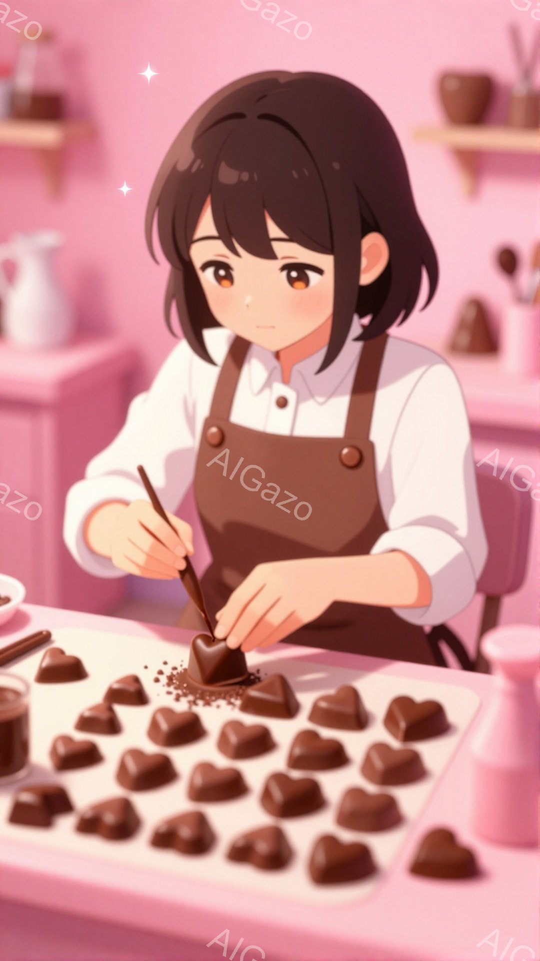 画像には、茶色のエプロンをつけた若い女性が描かれています。彼女はチョコレートをデコレーションしており、真剣な表情で作業に集中しています。背景には棚があり、チョコレートが並べられています。