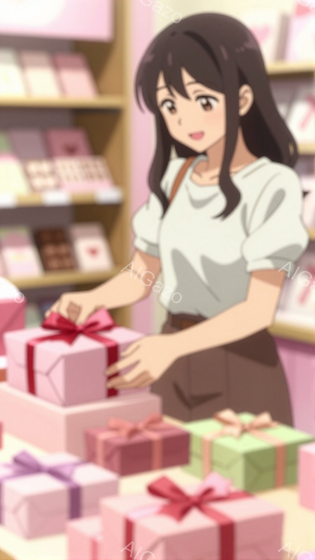 画像には、茶色の髪を肩まで伸ばした女性が、ピンクと緑の包装紙で包まれたプレゼントの山に赤いリボンを結び付けています。彼女は白いブラウスと茶色のスカートを着ており、優しい笑顔を浮かべています。背景には、 - AI生成フリー素材