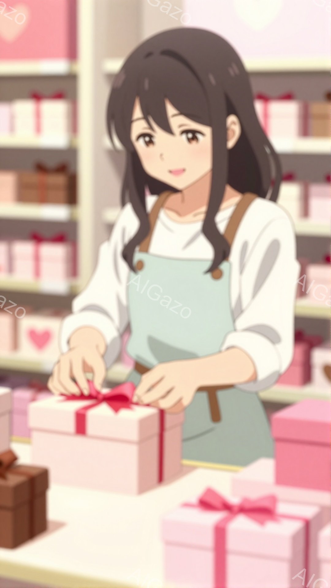 長い黒髪を肩下で揺らし、薄い緑色のエプロンを付けた女性が描かれています。彼女はピンク色のギフトボックスにリボンを結び、微笑んでいます。背景にはギフトボックスが積み上げられた棚があり、全体的に柔らかく温 - AI生成フリー素材