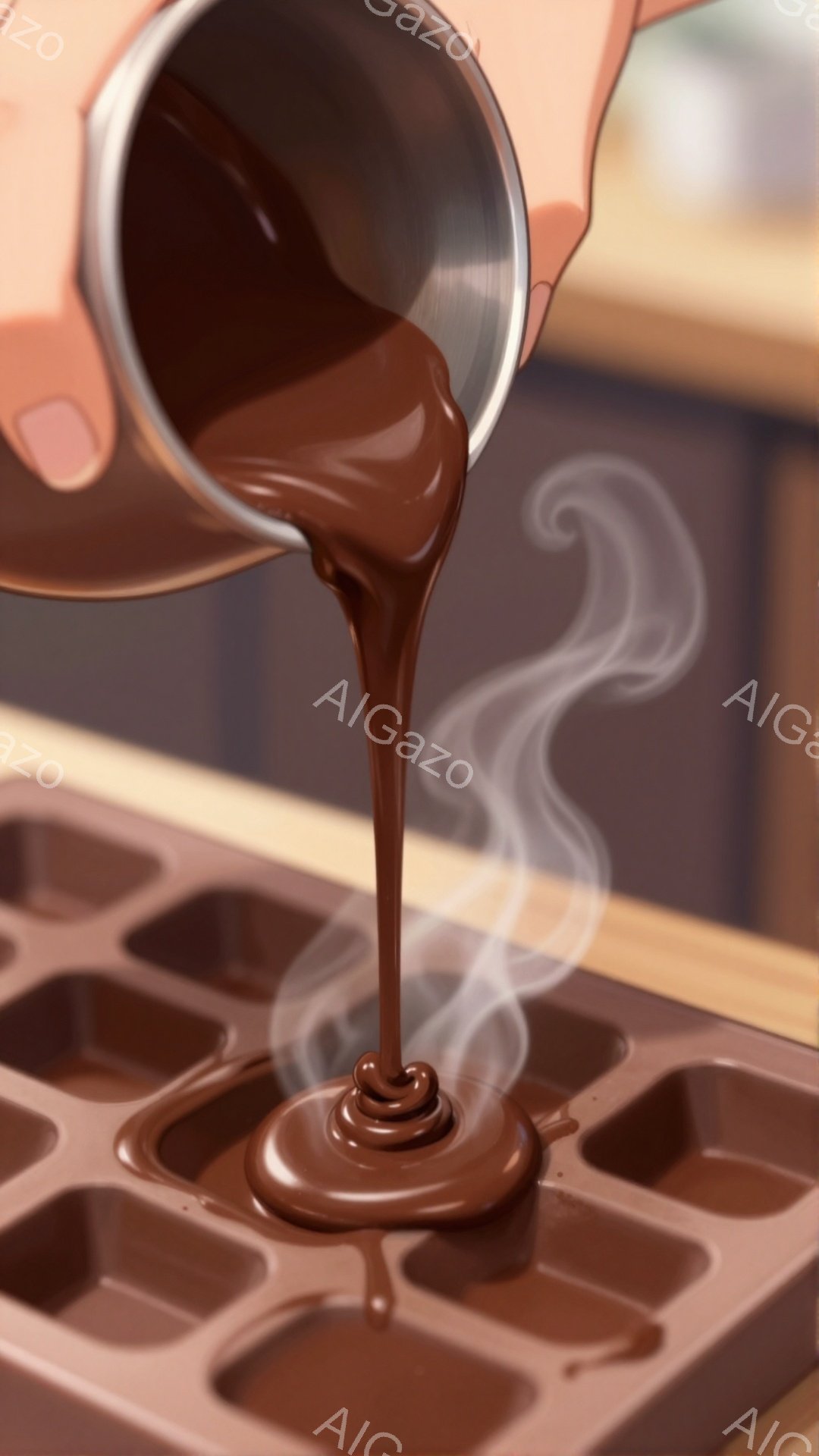 溶けたチョコレートが、四角い型の中へ流し込まれている様子が写っている。チョコレートからは湯気が立ち上り、温かい雰囲気が伝わってくる。背景はぼやけており、チョコレート作りの工程に焦点が当てられている。 - AI生成フリー素材