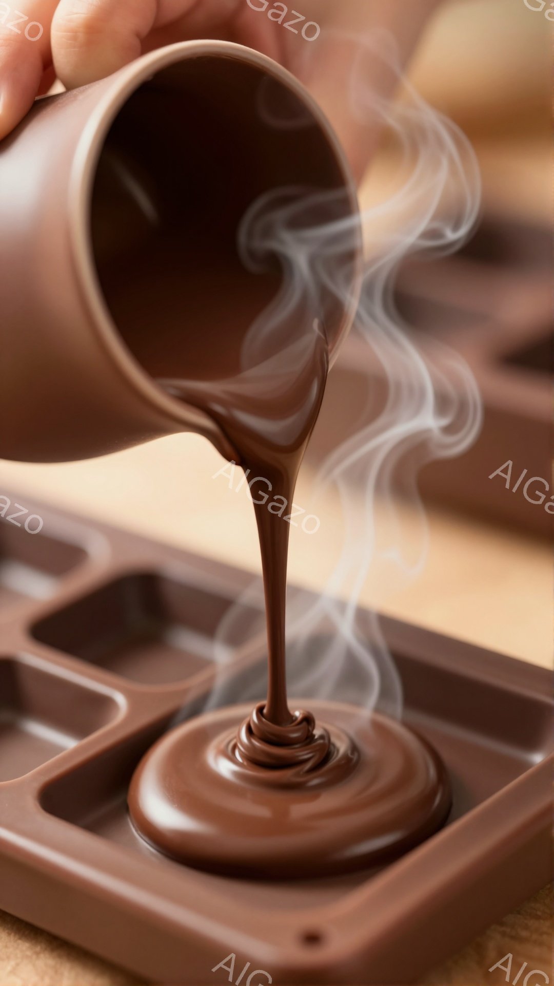 溶けたチョコレートが、型の中に流れ込んでいる様子が捉えられています。チョコレートは熱く、立ち上る湯気が写っており、濃厚で甘い雰囲気を醸し出しています。背景には木製のテーブルが見え、暖かく家庭的な印象を - AI生成フリー素材