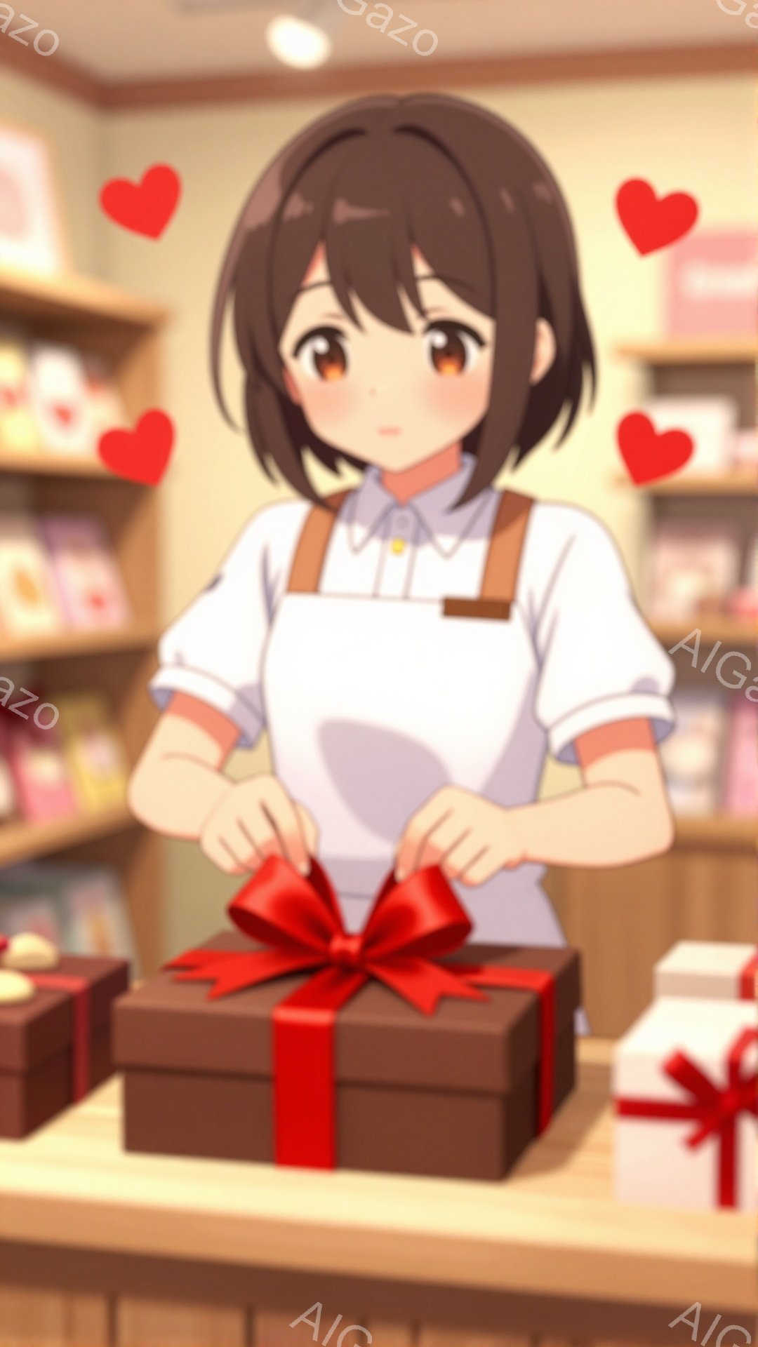 茶髪のショートヘアの女性が、茶色のギフトボックスに赤いリボンを結んでいます。彼女は白いシャツにエプロンを着ており、優しく微笑んでいます。背景には、商品が並んだ棚があり、店内は明るく温かい雰囲気です。 - AI生成フリー素材