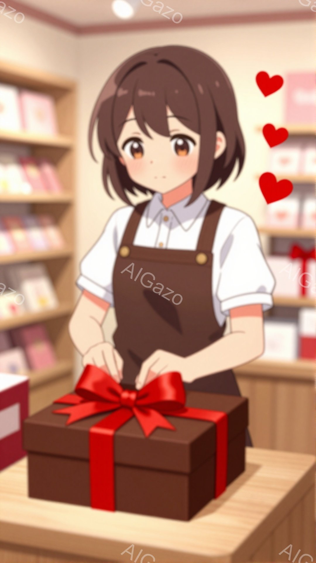 ショートカットの茶髪の女性が、茶色のエプロンを着用し、茶色のギフトボックスに赤いリボンを結んでいます。彼女は微笑んでおり、やさしい表情をしています。背景には、ギフトボックスが並んだ棚があり、ギフトショップのような雰囲気です。