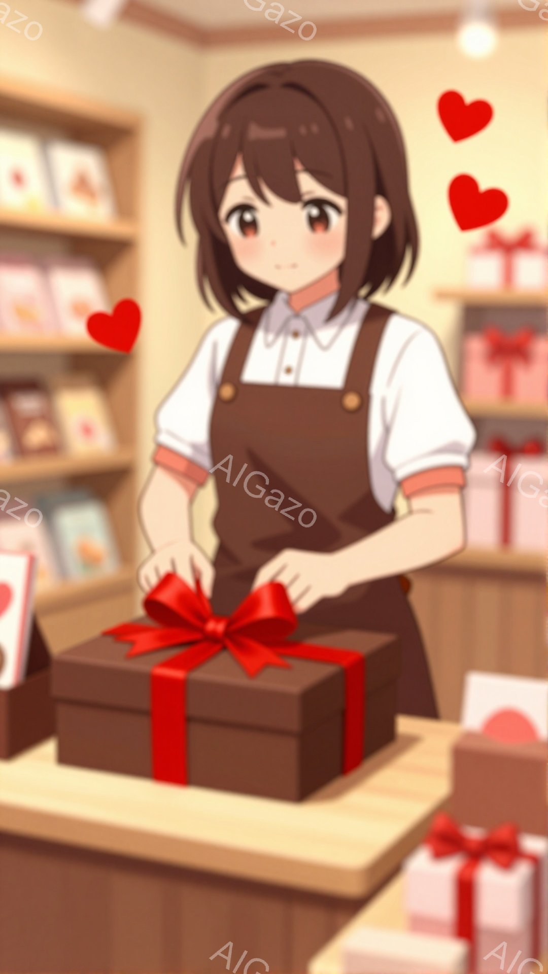 茶色の髪を肩のあたりで切りそろえた女性が、茶色のギフトボックスに赤いリボンを結んでいます。彼女は白いブラウスと茶色のエプロンを着ており、穏やかな笑顔を浮かべています。背景にはギフトボックスが並んだ棚が - AI生成フリー素材