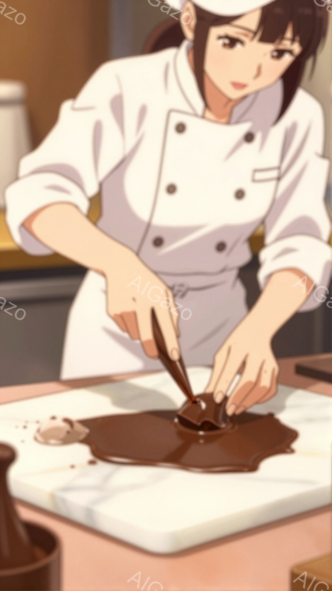 女性は白いコックコートと帽子を着用し、チョコレートを白い大理石の板の上で泡立て器で混ぜています。彼女は少し微笑んでおり、集中して作業に取り組んでいる様子が伺えます。背景は明るいキッチンで、チョコレートの入ったボウルがわずかに見えます。