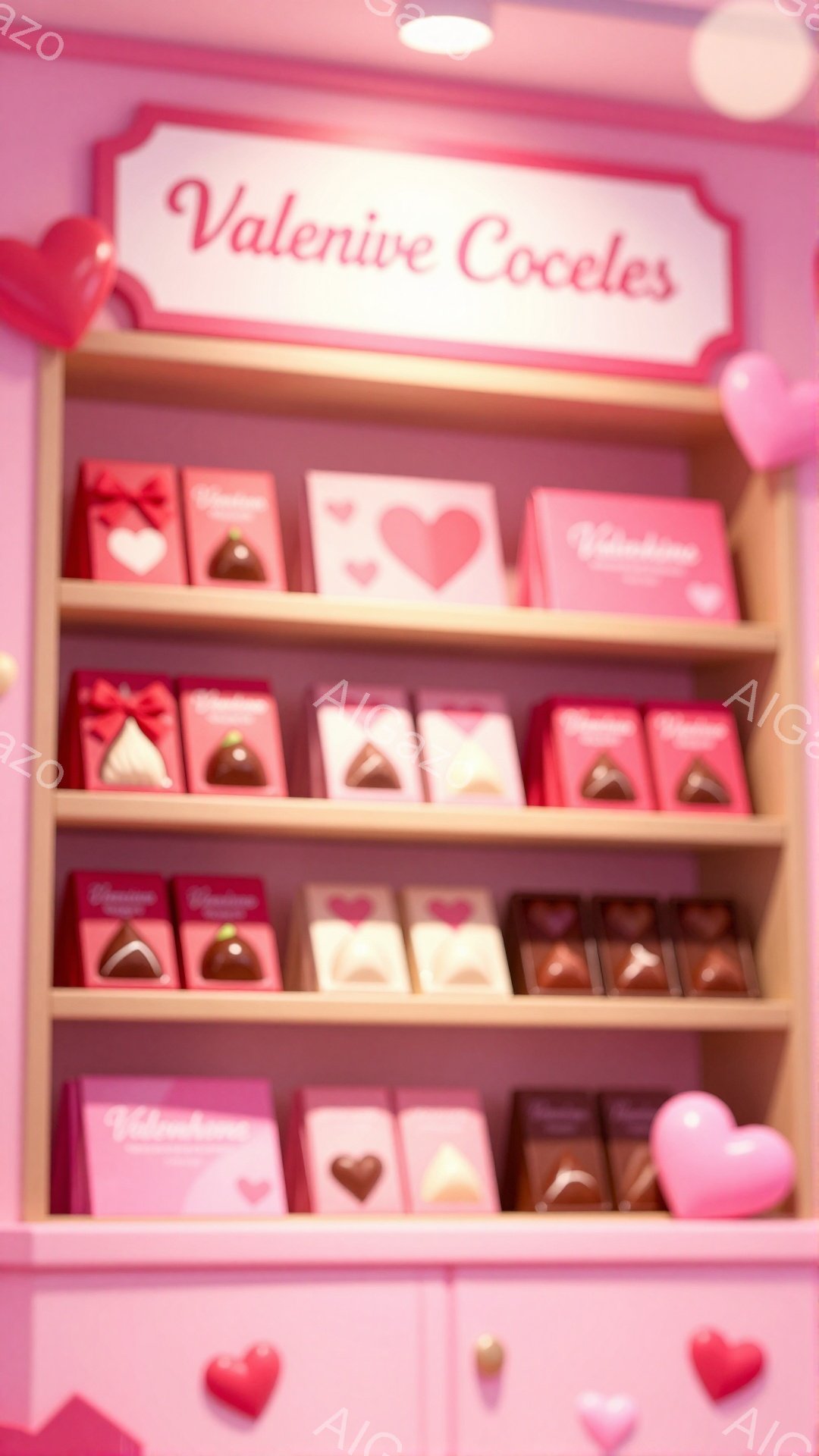 ピンク色の背景に、チョコレートの箱が棚に並んでいます。各箱は赤と白を基調とし、ハートやリボンで飾られています。全体的に可愛らしく、バレンタインデーを連想させる雰囲気です。 - AI生成フリー素材