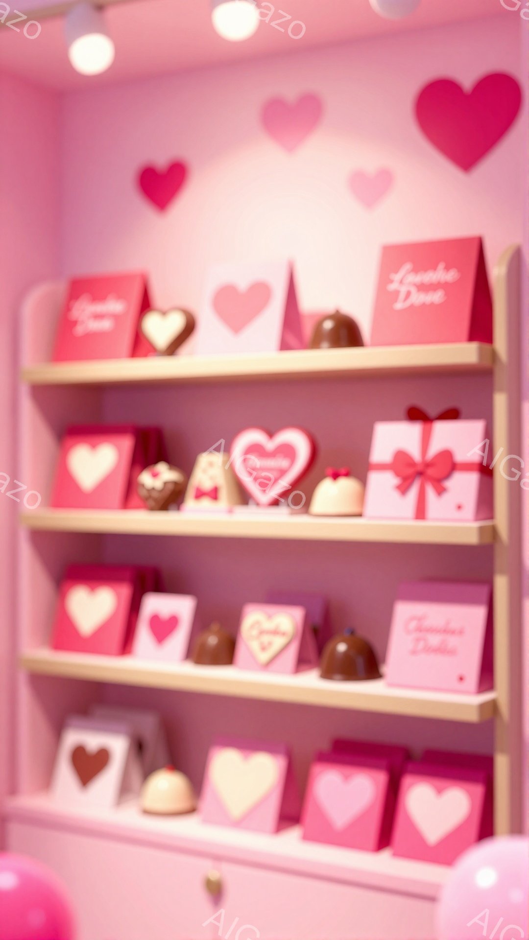 ピンク色の棚にチョコレートやギフトボックスが並べられています。ハート型の飾りも散りばめられており、背景は明るいピンク色で統一されています。全体的に甘くてロマンチックな雰囲気で、バレンタインデーやプレゼ - AI生成フリー素材