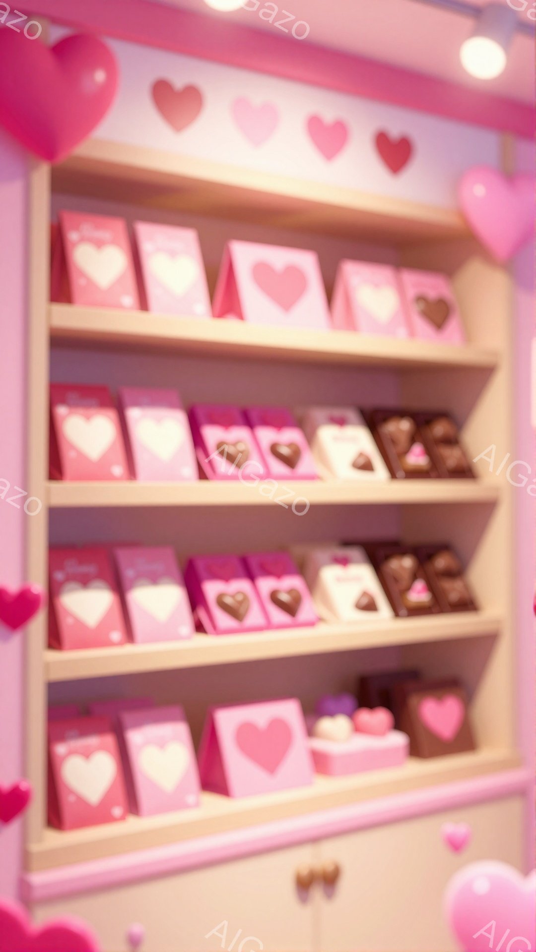 ピンク色の棚が写っており、ハート型のチョコレートが入った箱が整然と並べられています。背景は淡いピンク色で、棚の上にはハート型の装飾が飾られ、全体的にロマンチックで甘い雰囲気を醸し出しています。この画像はバレンタインデーや特別な日のギフトを連想させます。