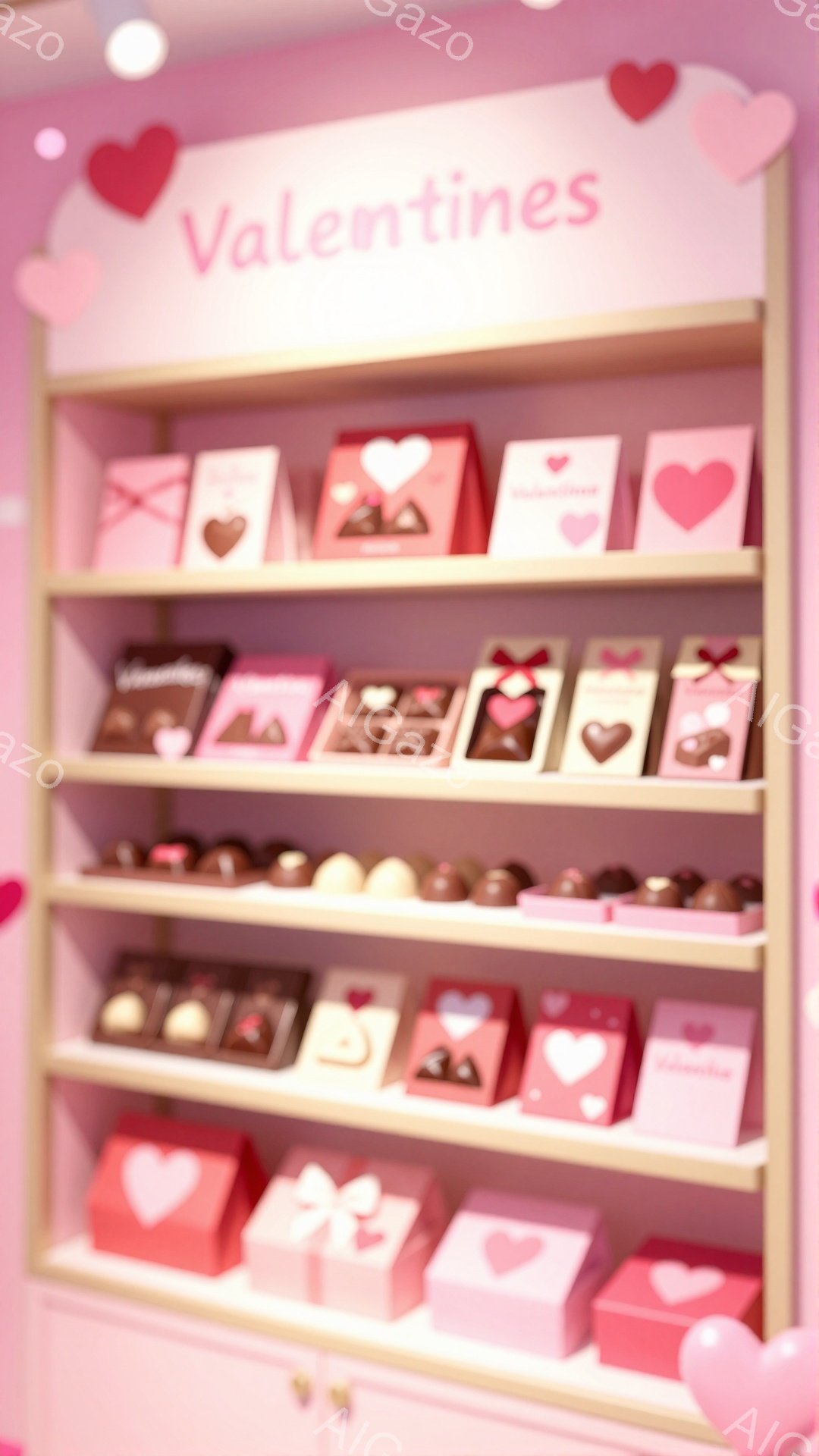 ピンク色の背景に、バレンタインデーのチョコレートが棚に整然と並べられています。チョコレートは赤い包装紙で包まれ、可愛らしいハートの形がアクセントになっています。全体的に甘く、ロマンチックな雰囲気が漂っ - AI生成フリー素材