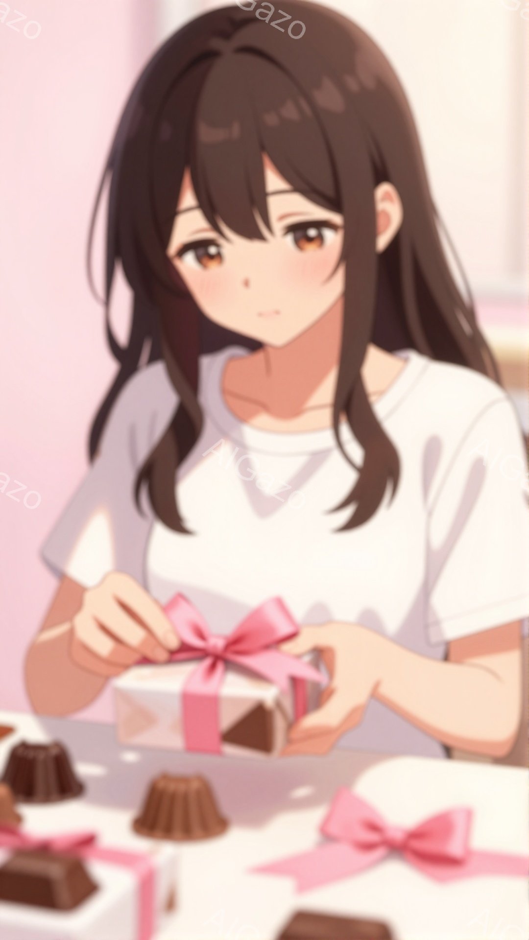 画像は、茶色の髪の女性が白いTシャツを着て、小さなギフトボックスにピンクのリボンを結んでいます。彼女は微笑んでおり、集中した表情で丁寧にリボンを結んでいます。背景にはチョコレートの詰め合わせが置かれ、 - AI生成フリー素材