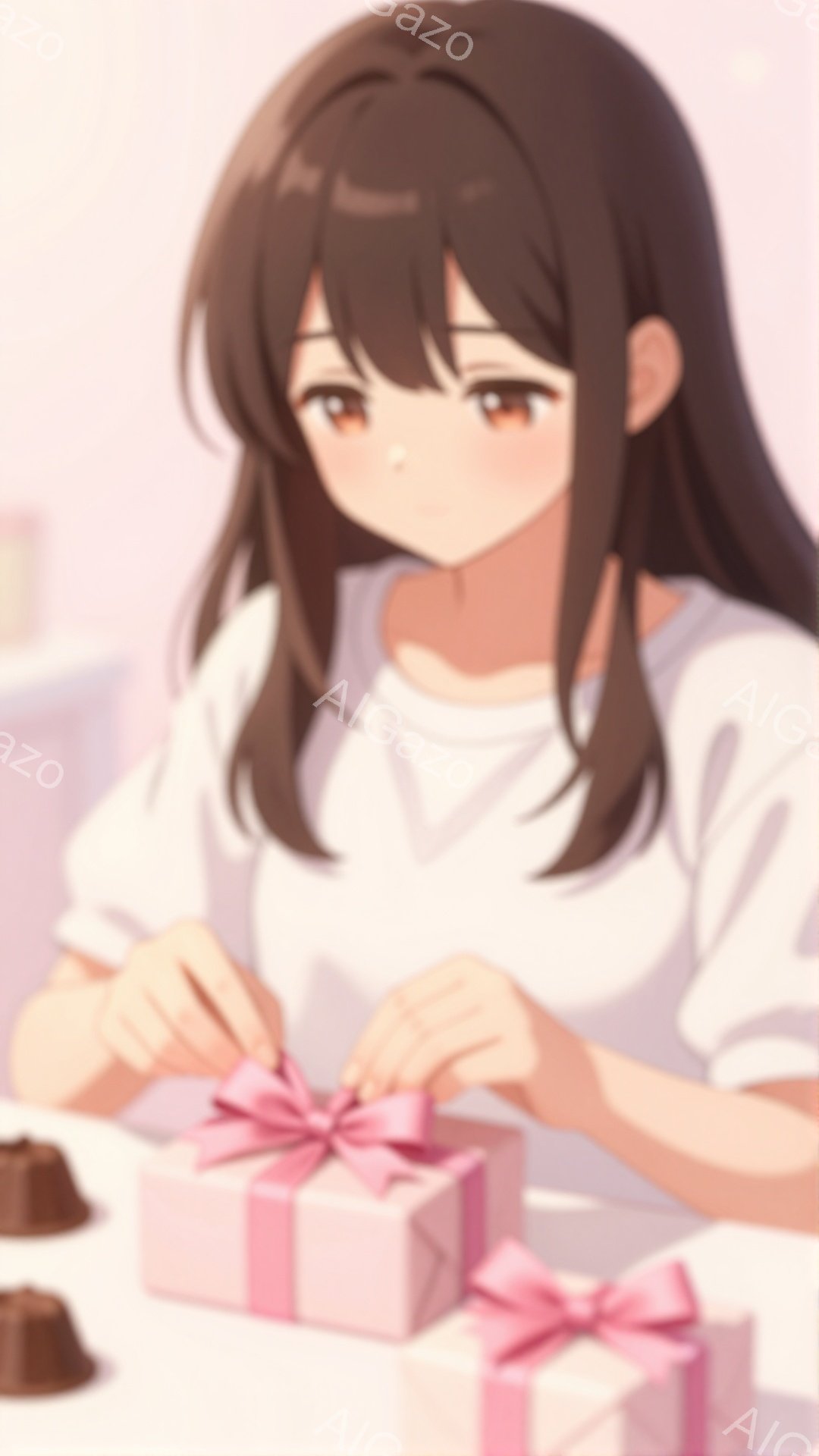 長い茶色の髪を持つ女性が、ピンク色の小さなギフトボックスにリボンを結んでいます。白いシャツを着ており、集中した穏やかな表情をしています。背景にはチョコレートのようなものがぼんやりと見え、全体的に暖かく - AI生成フリー素材