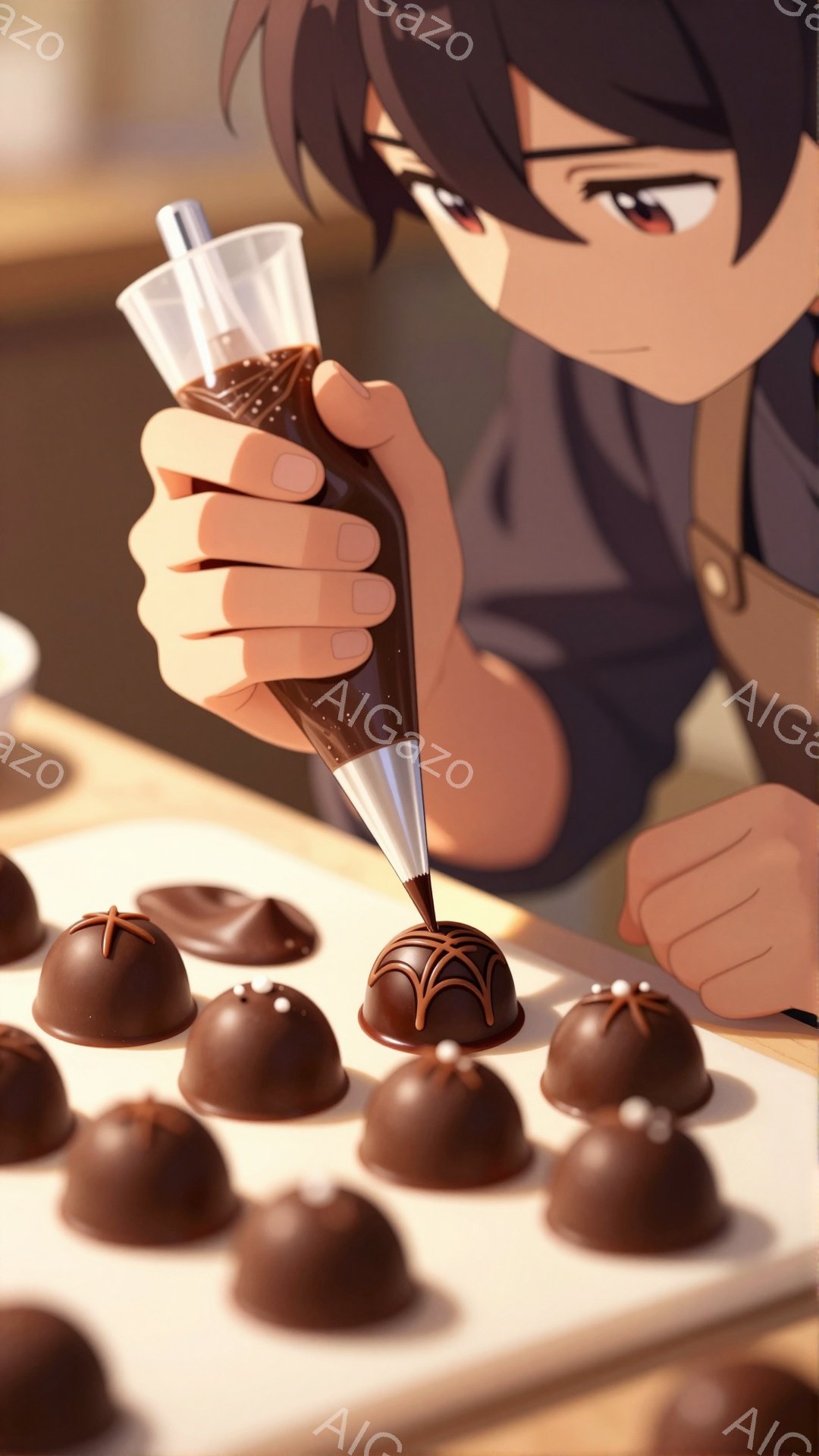 少年がチョコレートをデコレーションしている様子が写っている。彼は黒髪で、濃い色のエプロンを着ており、真剣な表情で絞り袋からチョコレートソースを丸いチョコレート菓子に施している。背景には他のチョコレート菓子が並んでおり、暖色系の光が暖かく、繊細な雰囲気を作り出している。