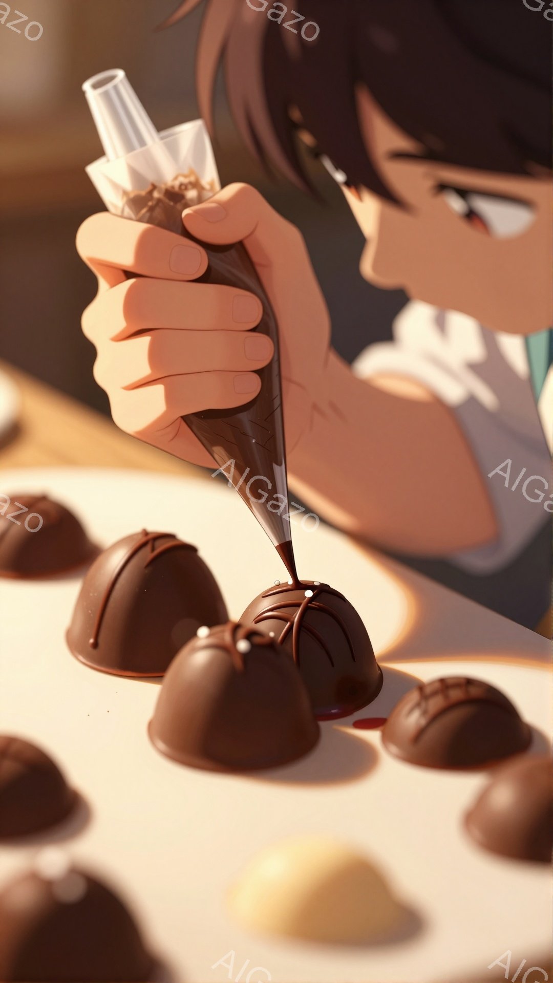 チョコレートを絞り出す作業に集中した男性が描かれています。彼は茶色の髪で、白い制服を着ています。背景には様々な色のチョコレートが並び、暖かく、甘い雰囲気が漂っています。