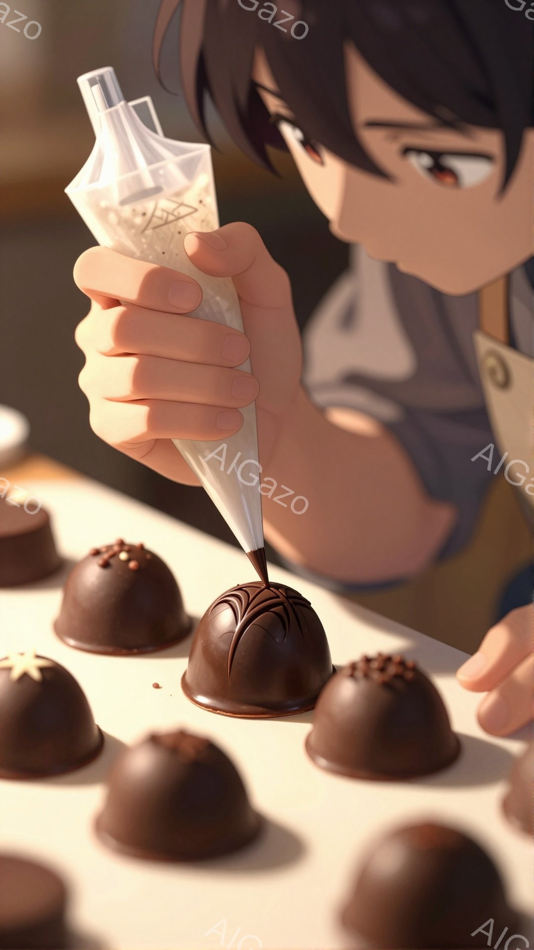 チョコレート菓子をデコレーションする男性の手元が写っている。彼は茶色の髪で、少し困ったような表情をしており、白い制服のような服を着ている。背景には茶色のチョコレート菓子が並べられており、全体的に温かみのある、繊細な雰囲気を醸し出している。