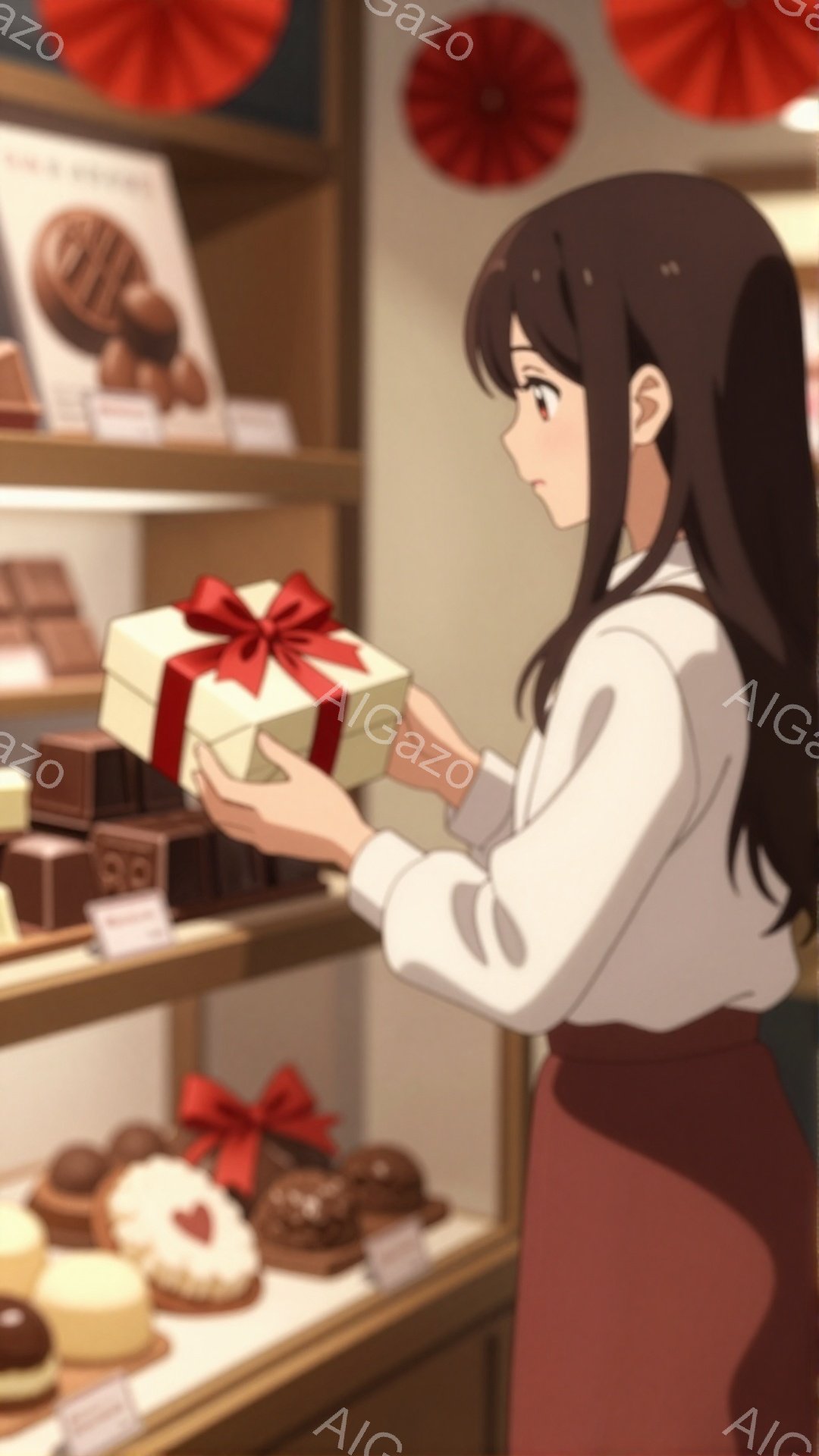茶髪の女性がショーケースから丁寧に包装されたチョコレートの箱を持ち上げています。彼女は白いブラウスと茶色のスカートを身につけ、髪は肩にかかる長さで後ろに流しています。背景には様々なチョコレートが並んだショーケースと、赤い装飾が見え、上品で温かい雰囲気が漂っています。