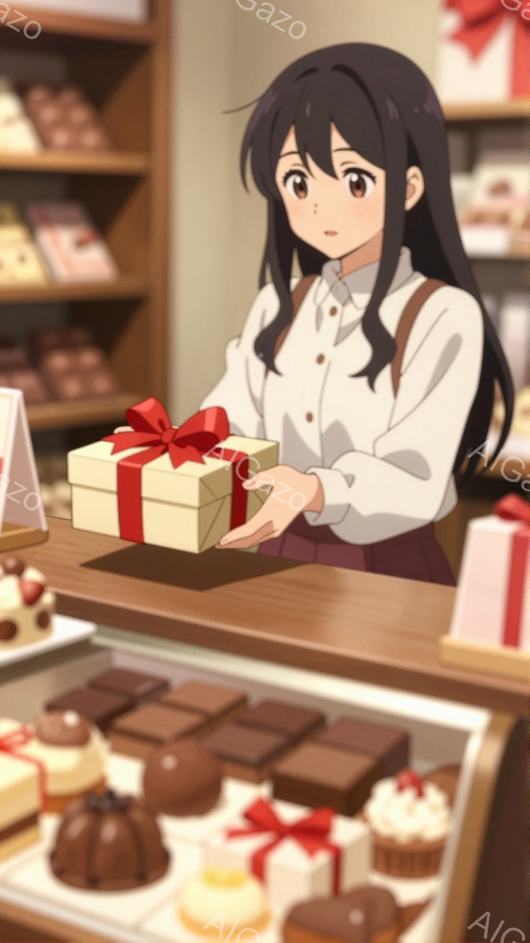 黒髪の少女が、赤いリボンで飾られた箱を両手で丁寧に差し出している。彼女は白いシャツと茶色のスカートを着ており、わずかに微笑んだ表情をしている。背景には、様々なチョコレート菓子が並んだショーケースと、木 - AI生成フリー素材