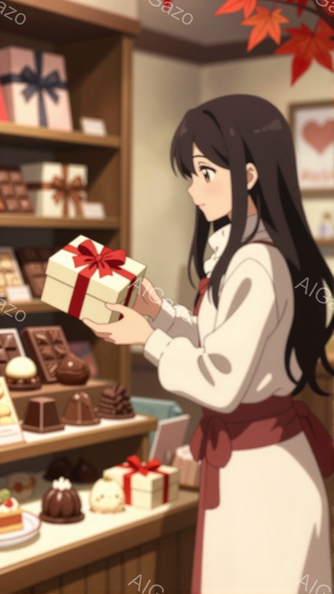 黒髪の女性が、赤いリボンが付いたギフトボックスを両手で持っています。白いブラウスと赤いエプロン姿で、少し微笑んだ表情をしています。背景にはチョコレートや焼き菓子が並んだ棚があり、温かく優しい雰囲気の店 - AI生成フリー素材