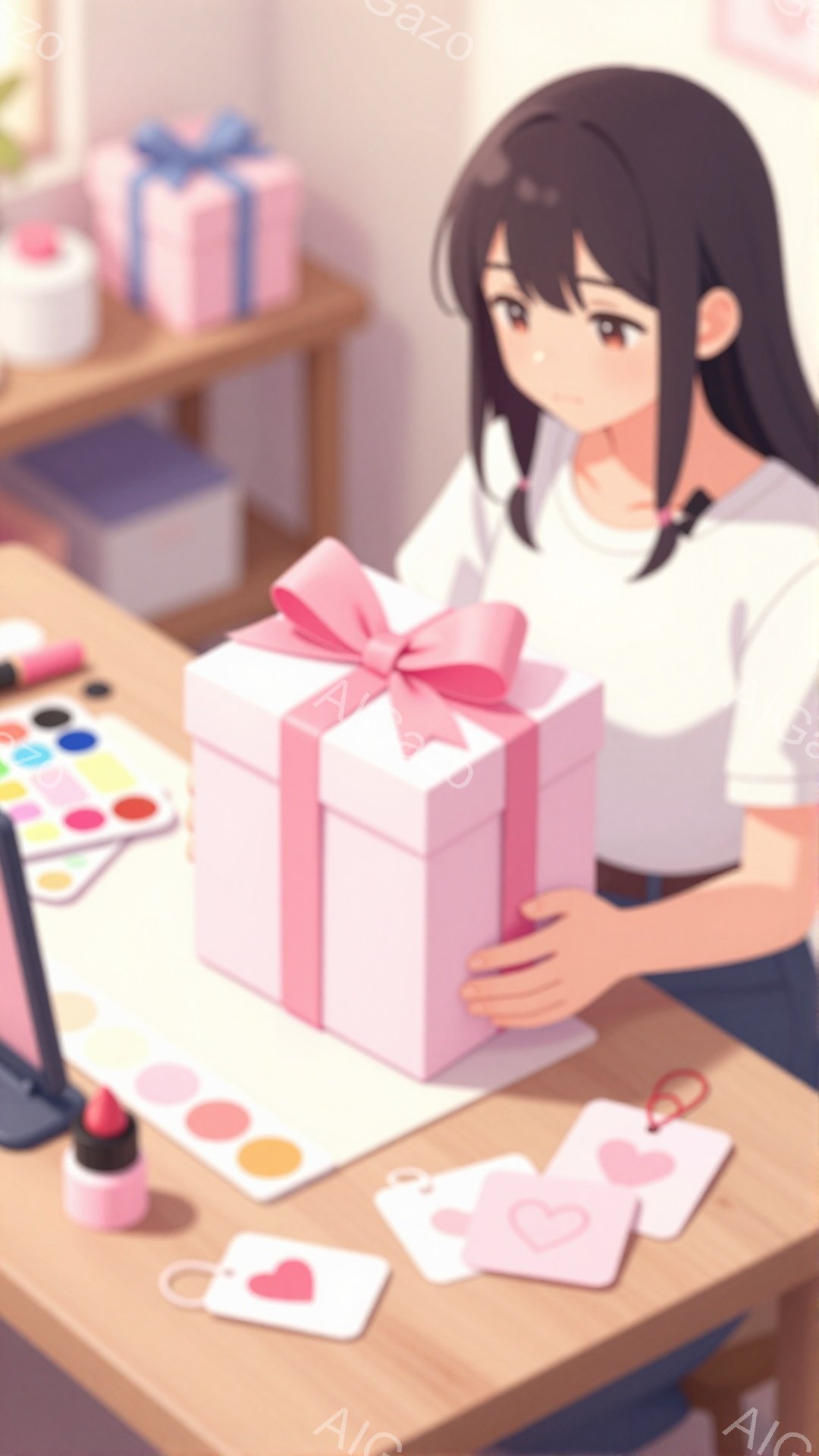 黒髪で前髪を少し分けている少女が、ピンク色のリボンで飾られたプレゼントの箱を抱えています。彼女は白いシャツと紺色のスカートを着ており、集中した表情で箱を見つめています。背景には、他のプレゼントや包装材、そして木製のテーブルがあり、全体的に温かく優しい雰囲気です。