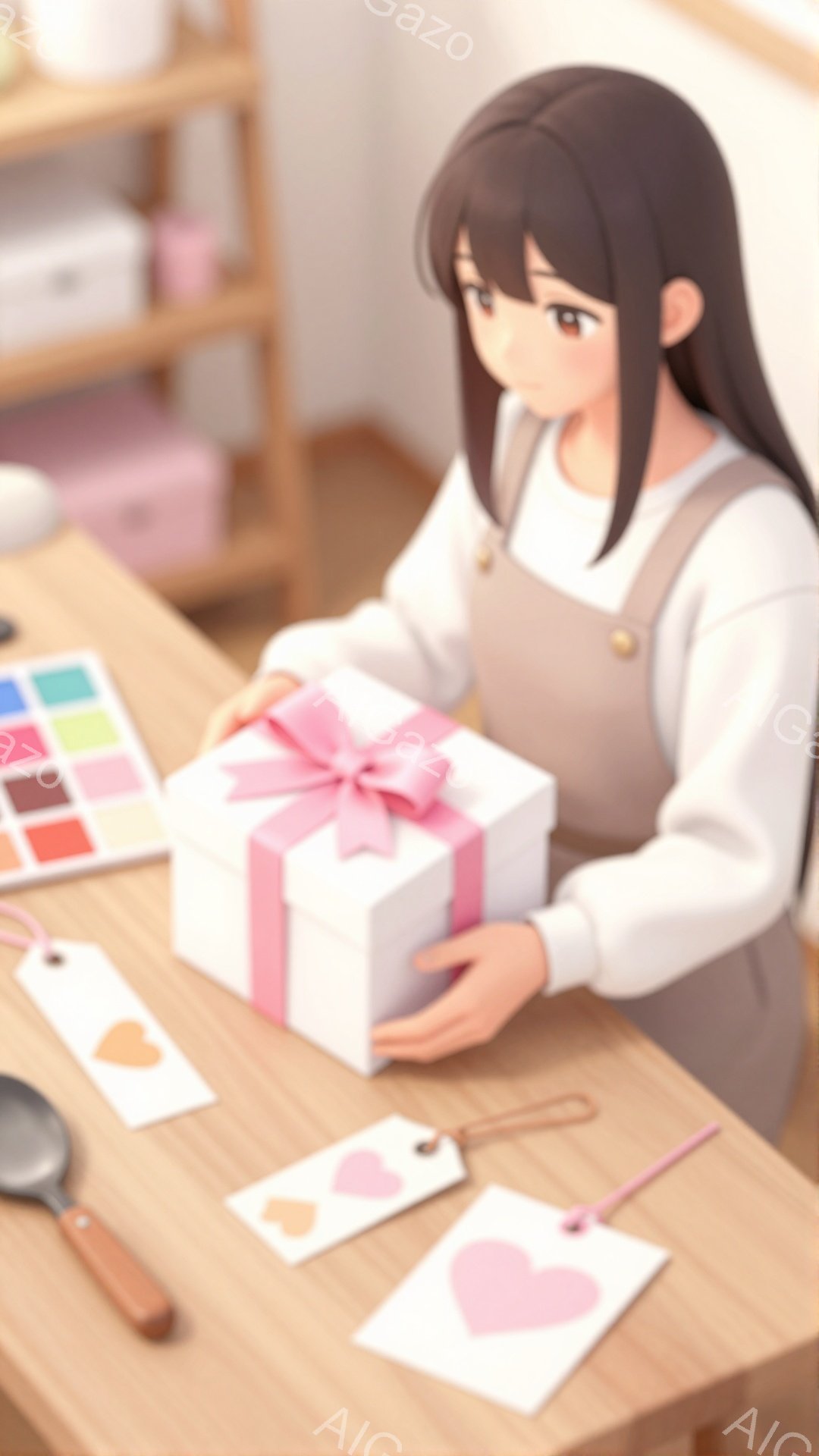 長い黒髪の女性が、プレゼントの箱を両手で抱えています。彼女は白いセーターとグレーのオーバーオールを着ており、顔は穏やかで微笑んでいます。背景には、カラフルなパレットとプレゼント用のタグが散らばっており - AI生成フリー素材